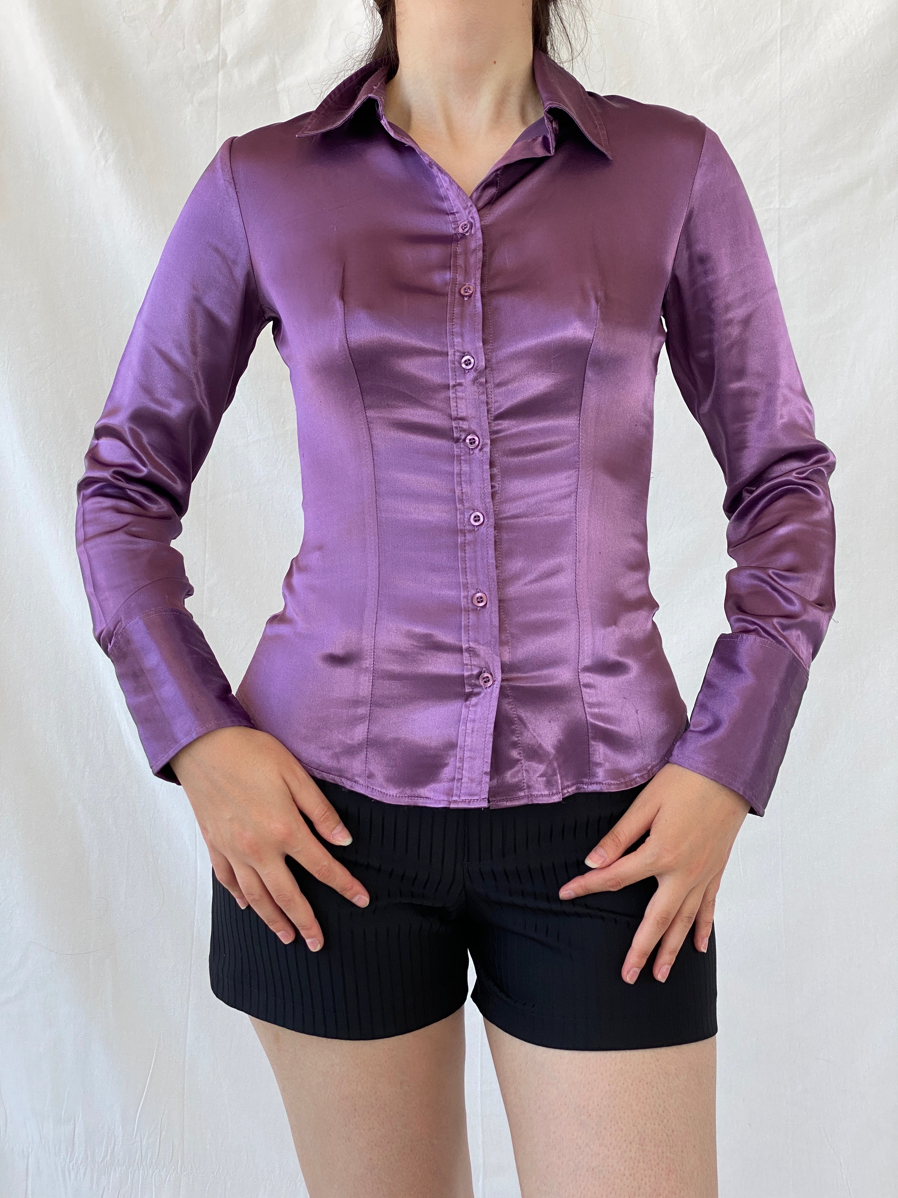 Y2K Camaîeu Purple Satin Long Sleeve Women’s Shirt - S