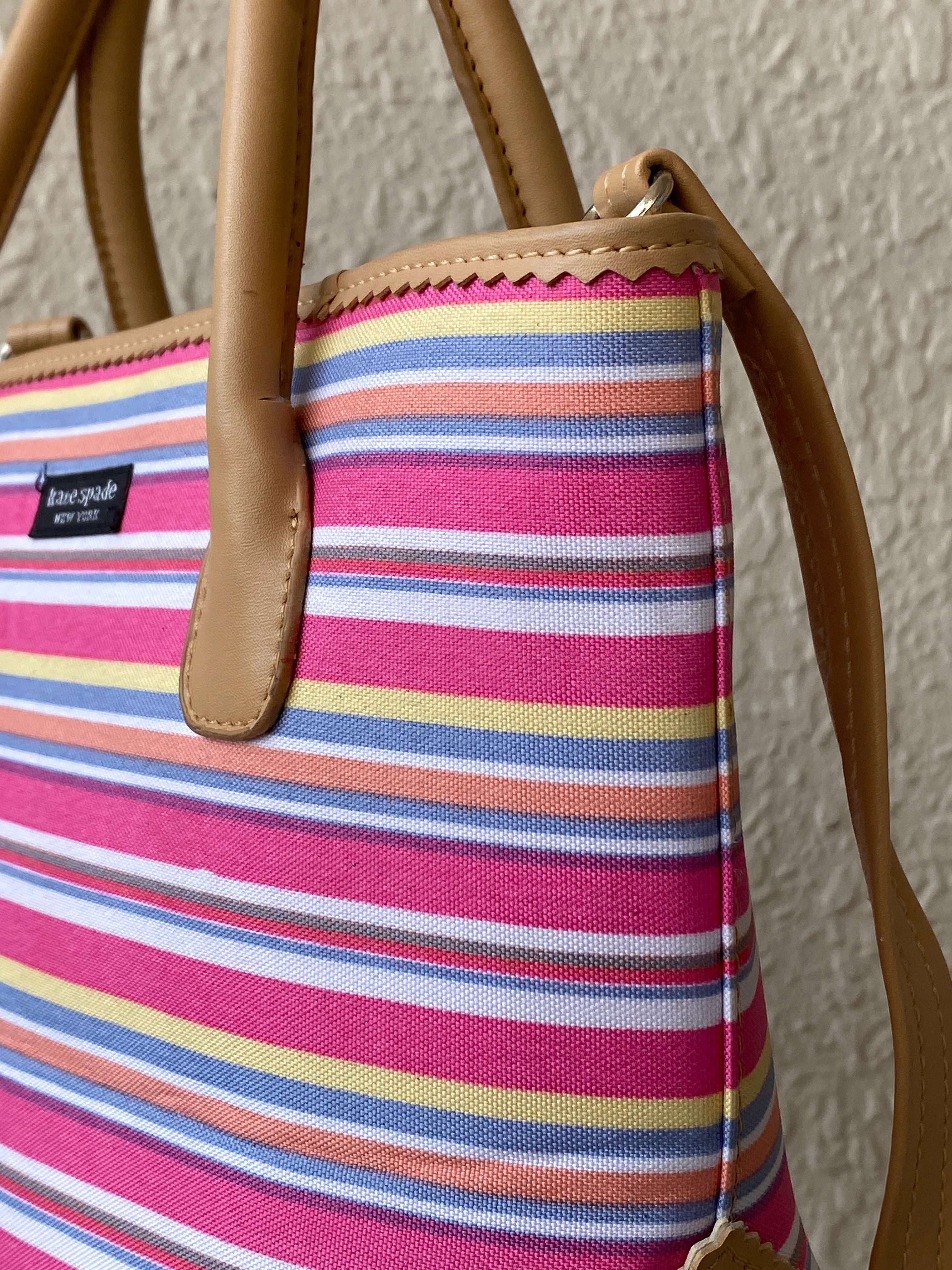 Kate Spade New York Pink Striped Canvas & Leather Summer Tote Bag