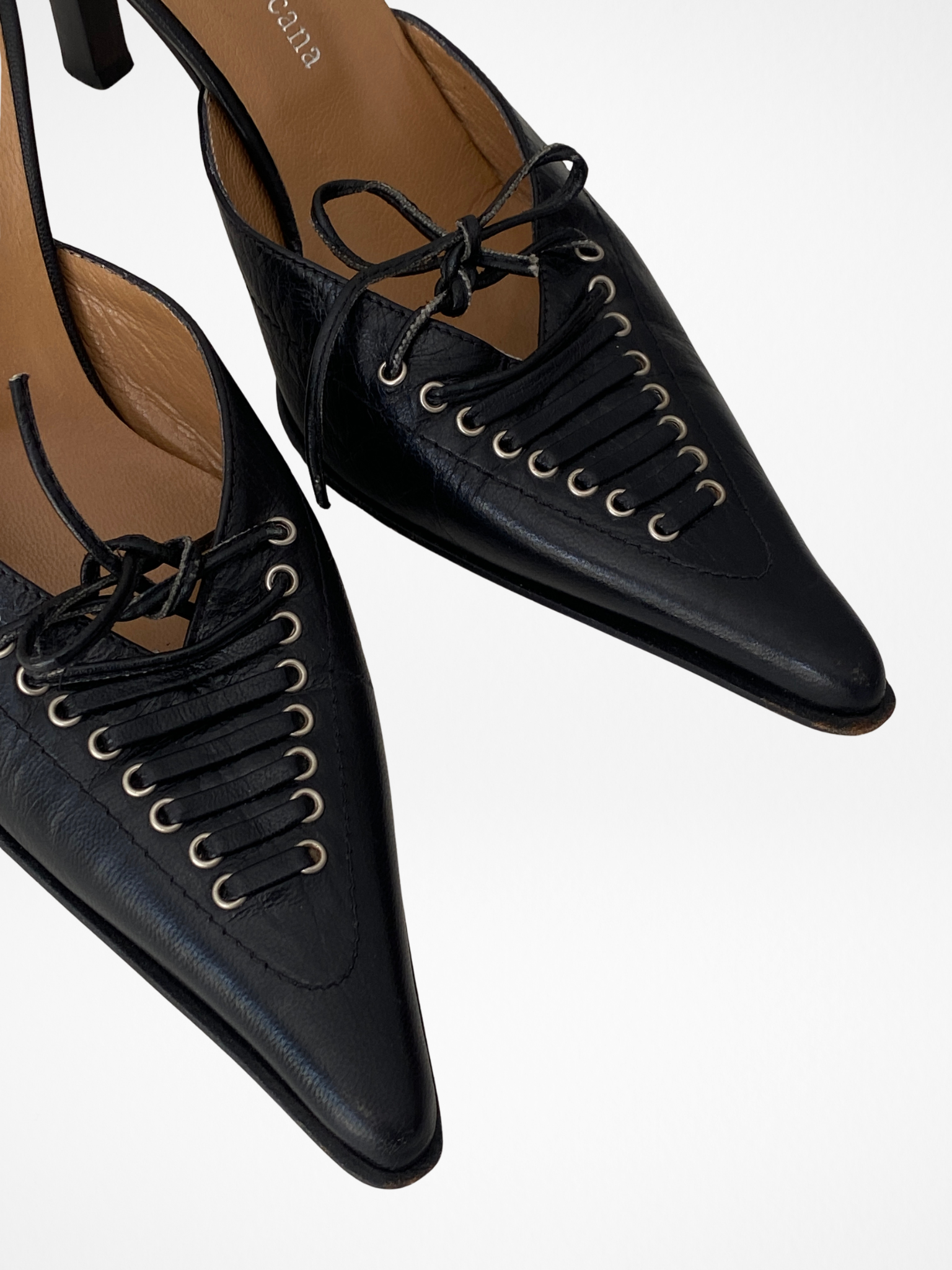 Vintage Bottega Toscana Black Leather Lace-Up Pointed Mule Pumps – 38 EU