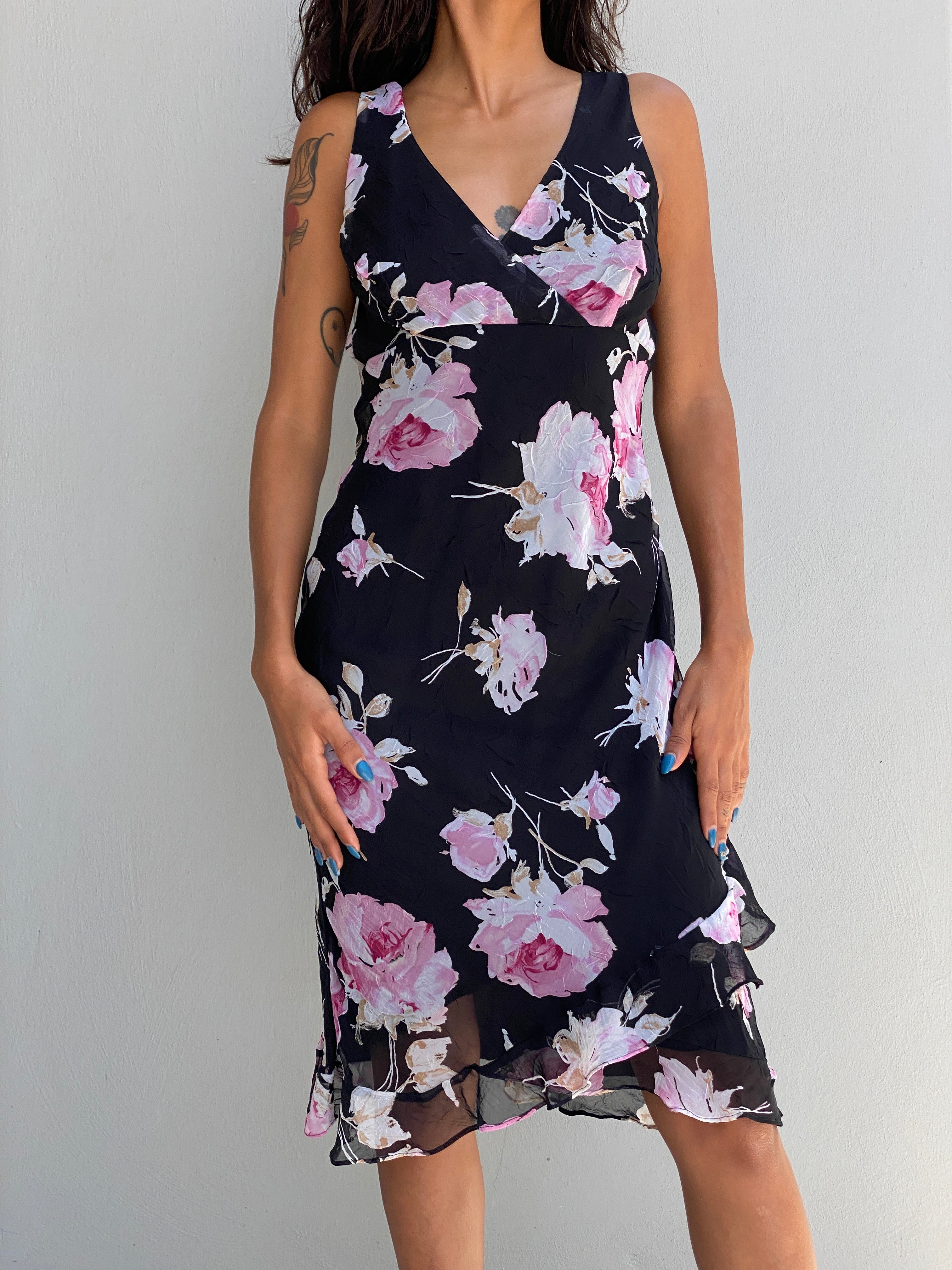 Vintage Alyn Paige Black Pink Floral Chiffon Sleeveless Midi Dress – S