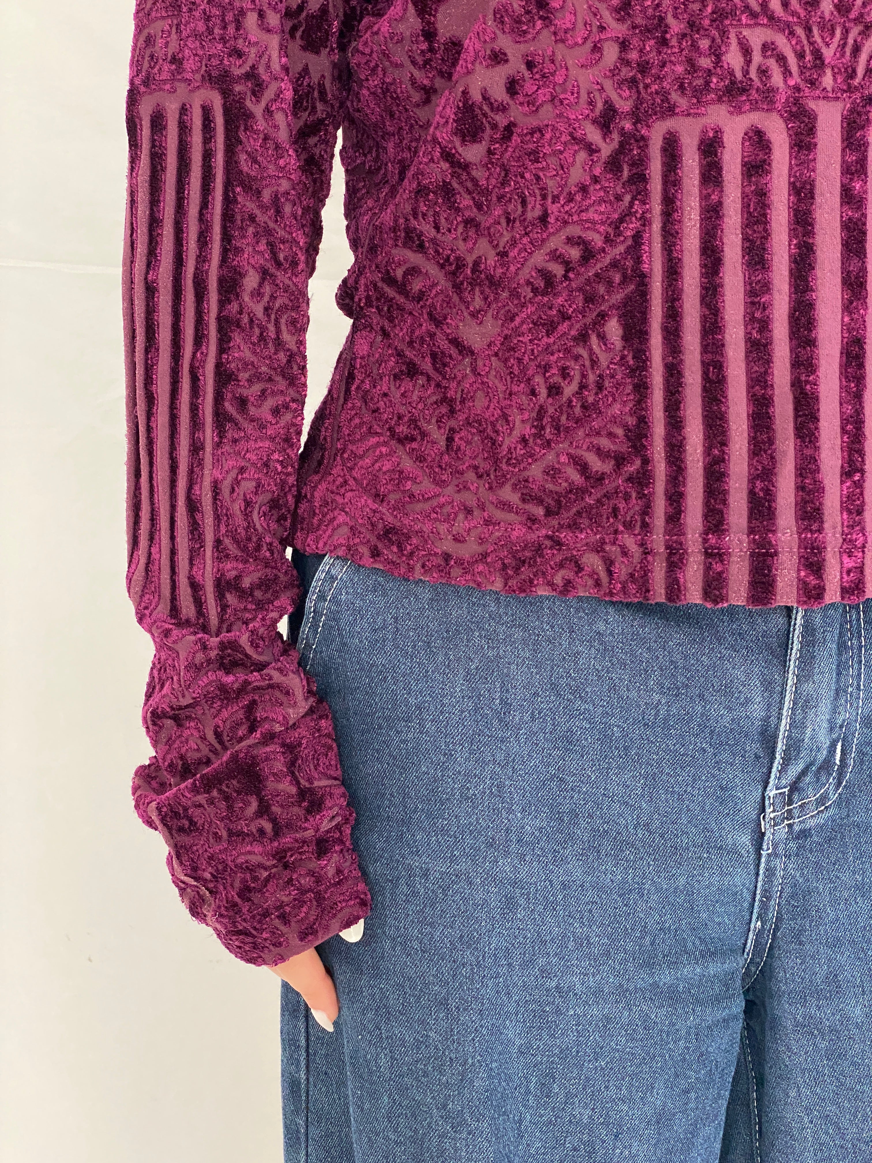 Vintage Wallis Purple Burnout Velvet Sheer Long Sleeve Top - XL