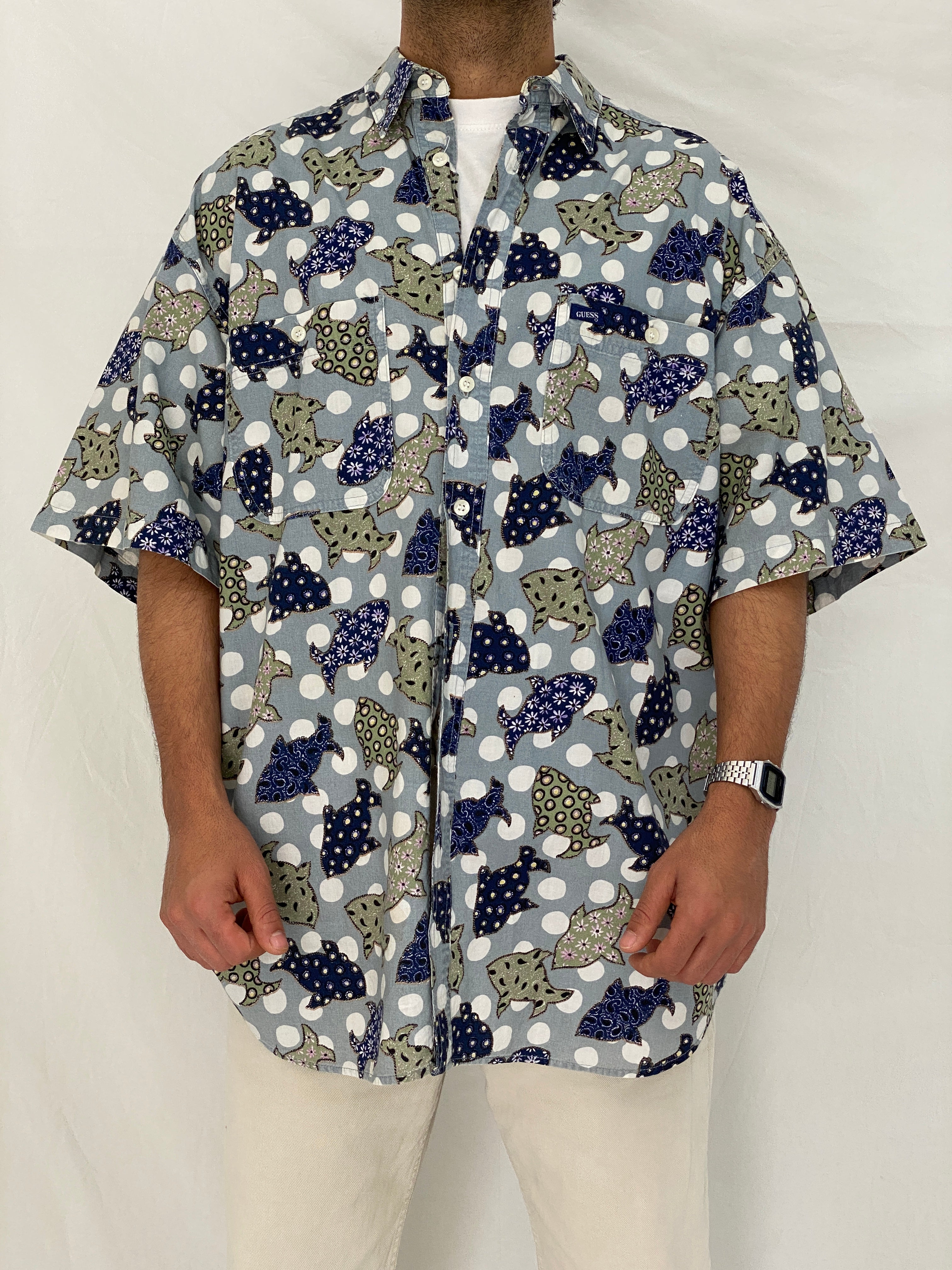 Vintage Guess Abstract Polka Dot Fish Print Blue Cotton Shirt – XL