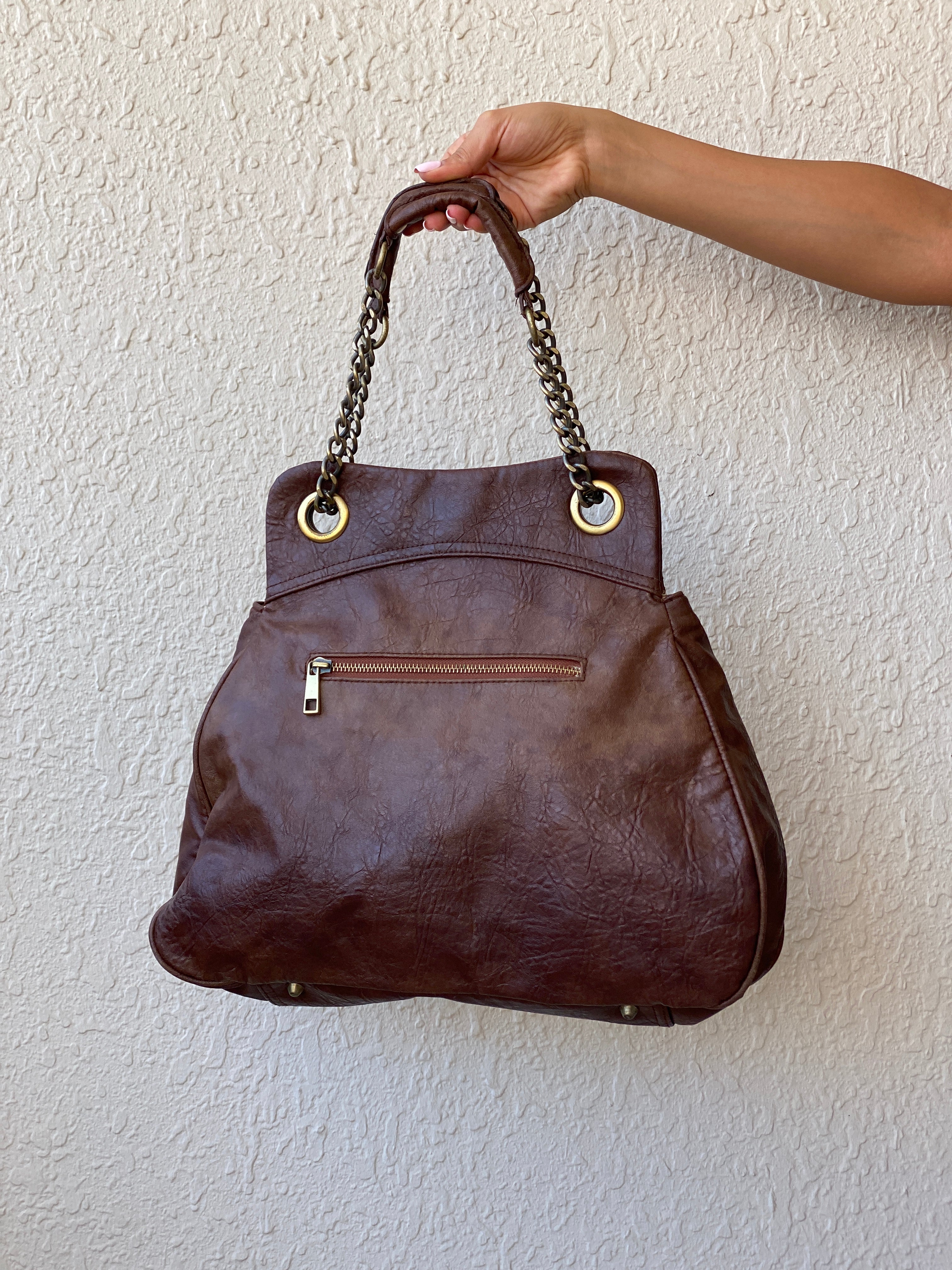 Vintage Y2K A|wear Brown Chain Handle Multi-Pocket Shoulder Bag