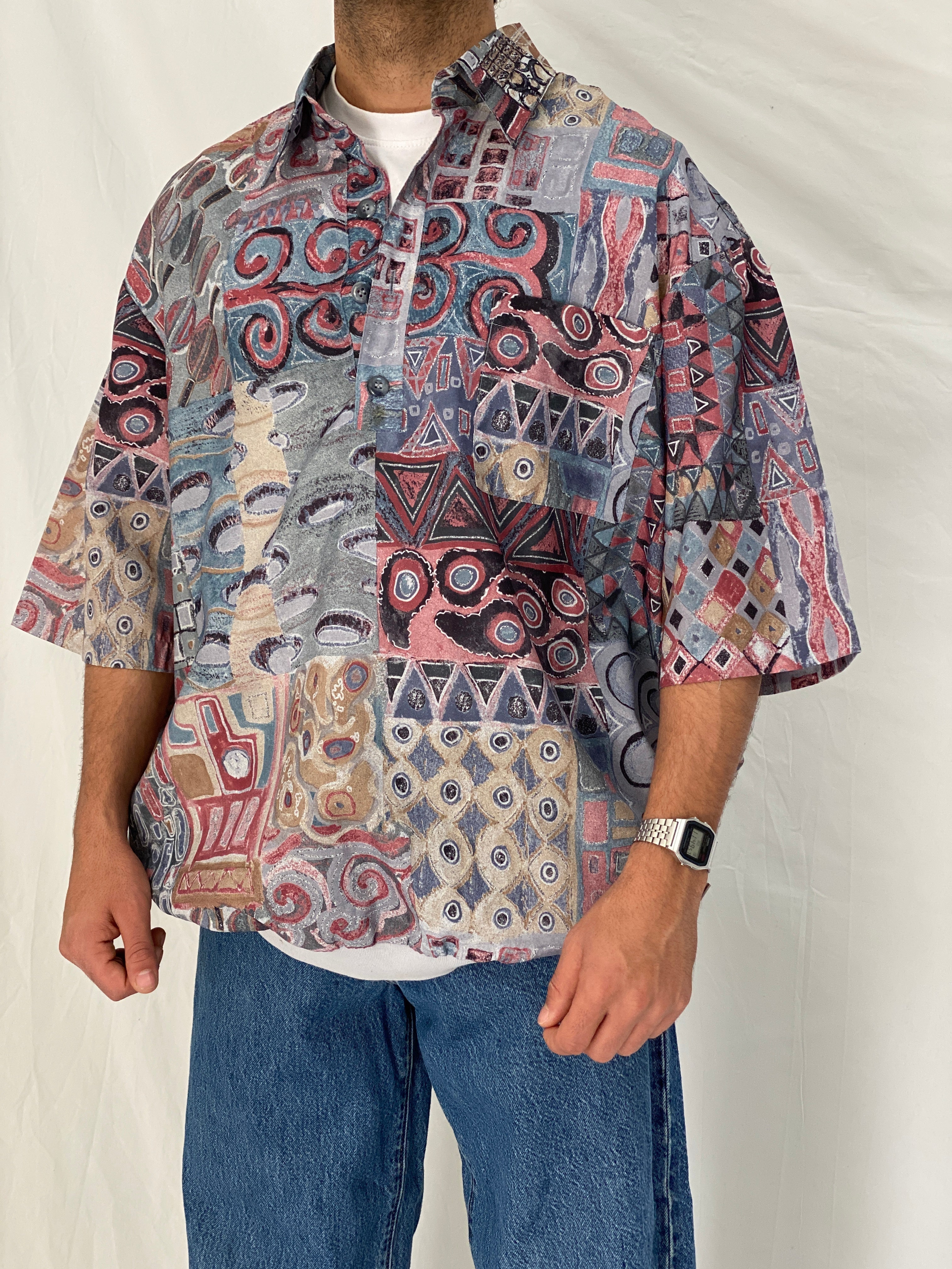 Vintage Fulton Street Shirtworks Abstract Print Elastic Hem Shirt – 2XL