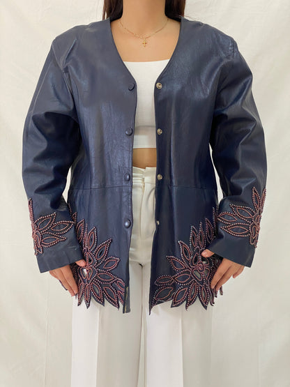 Vintage KOSHAR Genuine Leather Duster Coat Navy Beaded Cut-Out Floral Jacket - XL