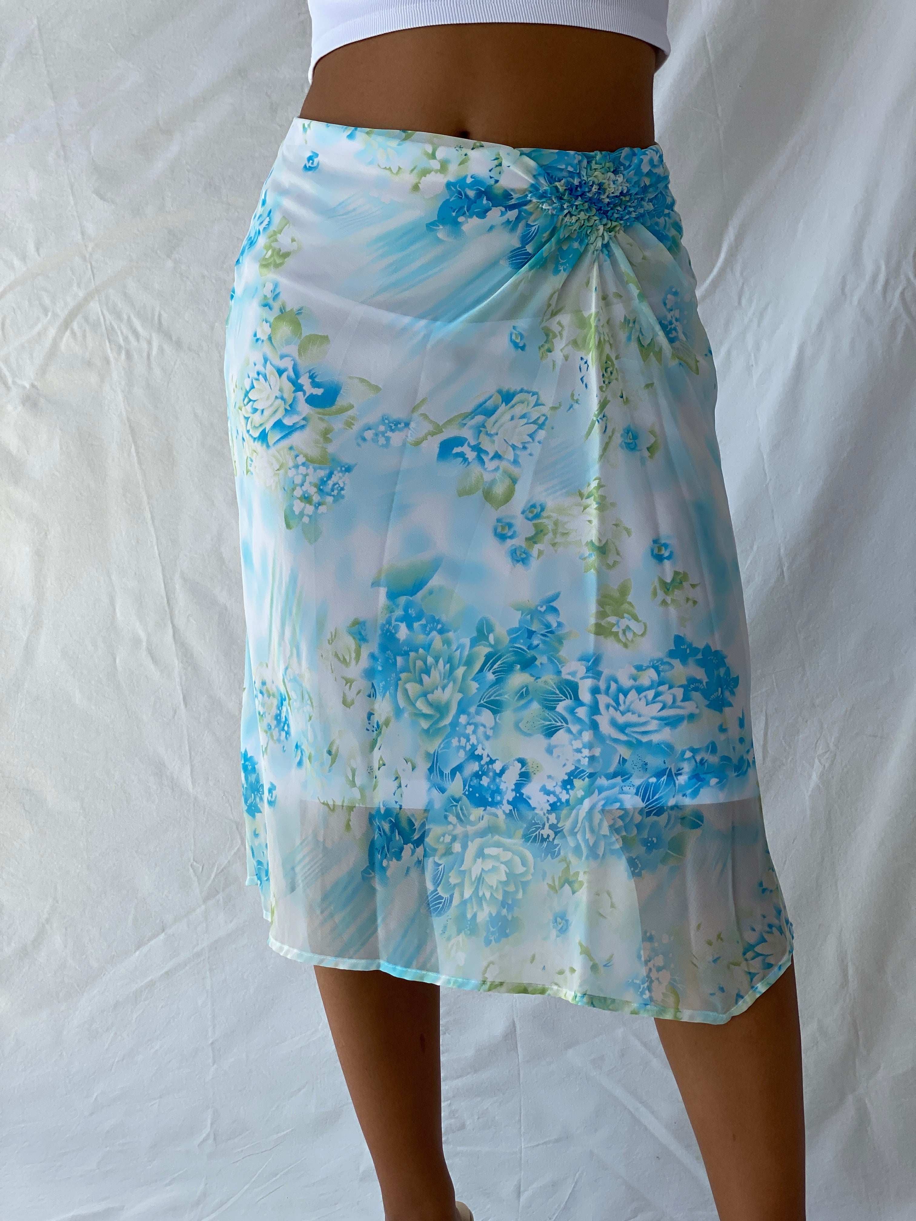 Vintage 90s This Aqua Blue Floral Sheer Chiffon Midi Skirt - M