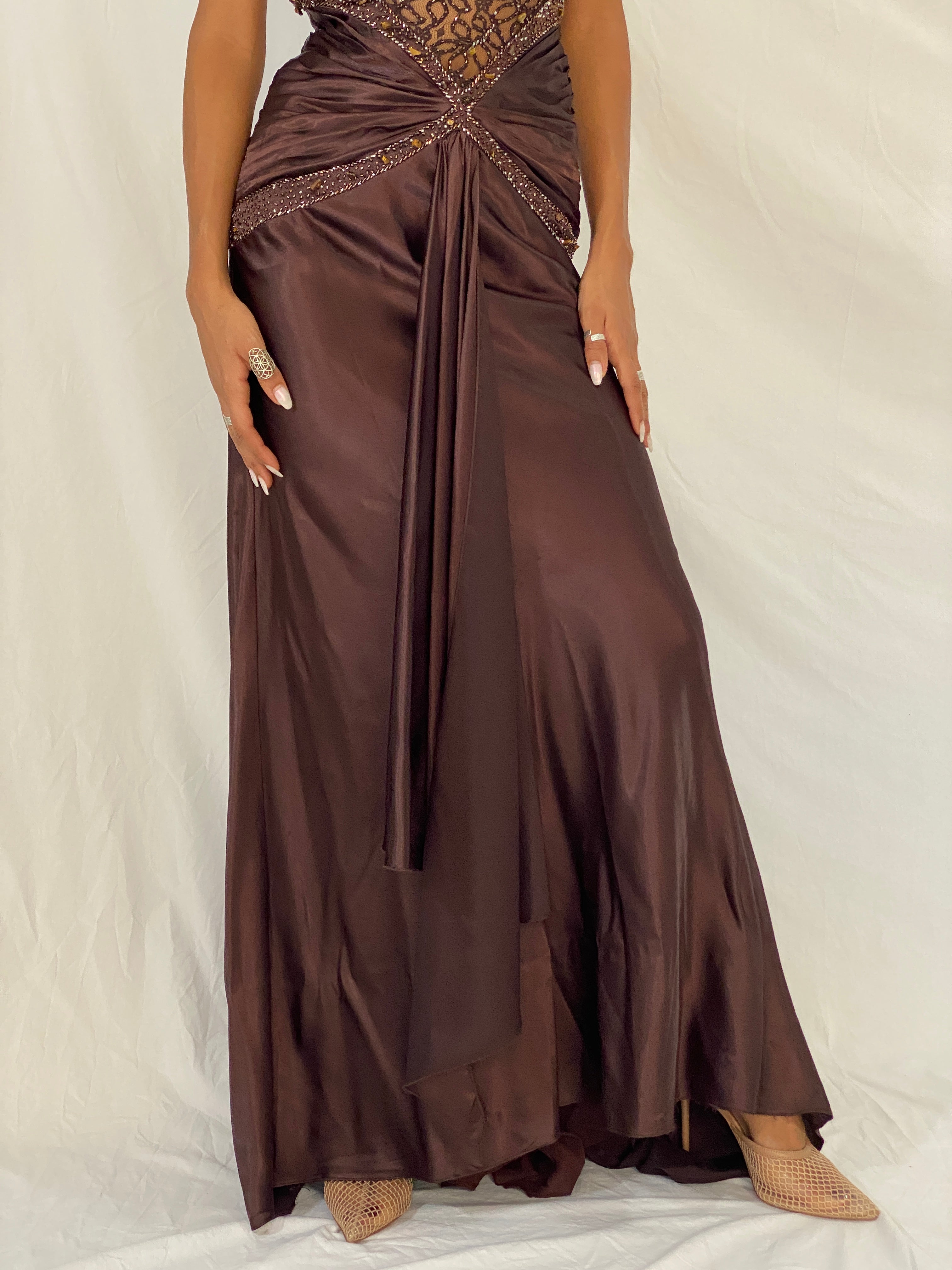 Vintage Y2K Alyce Designs Brown Satin Beaded Lace Cutout Formal Maxi Dress - XS