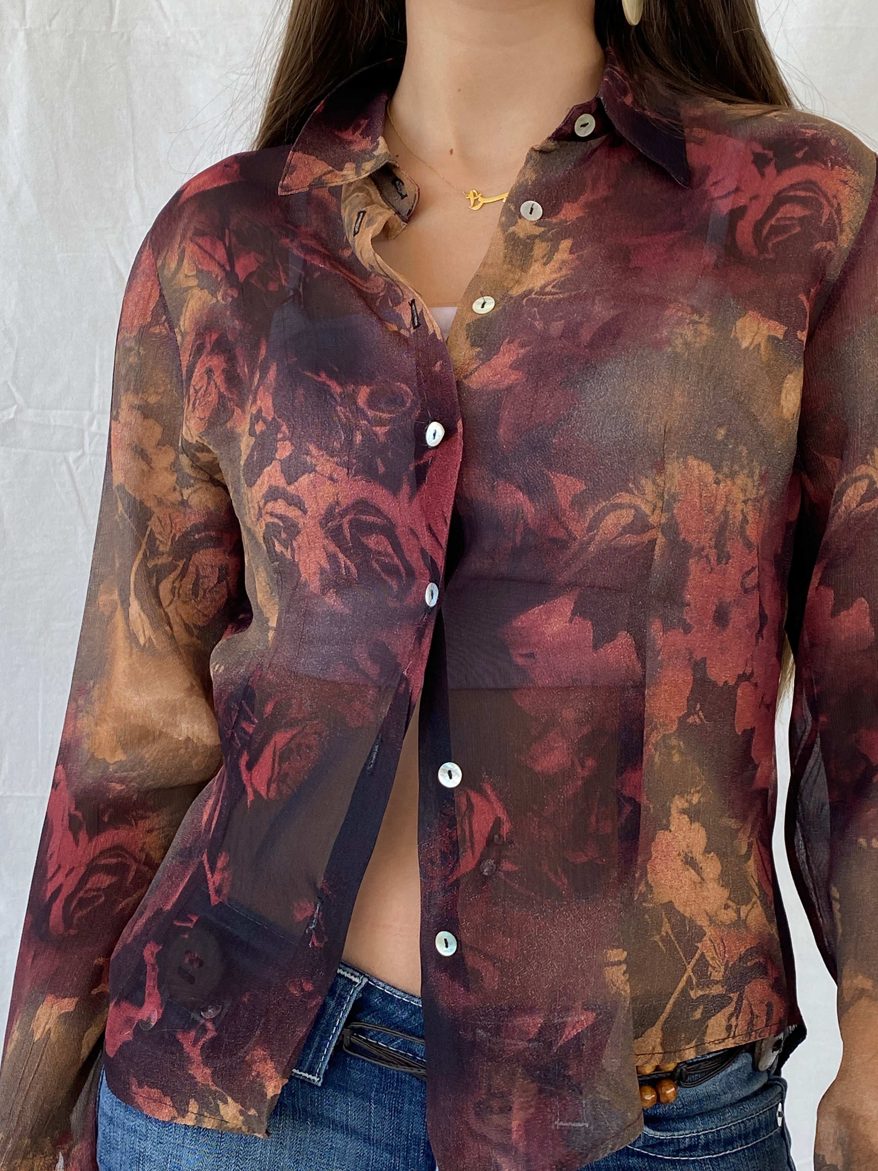 Vintage 90s LA CITY Paris Sheer Maroon Floral Shirt - M