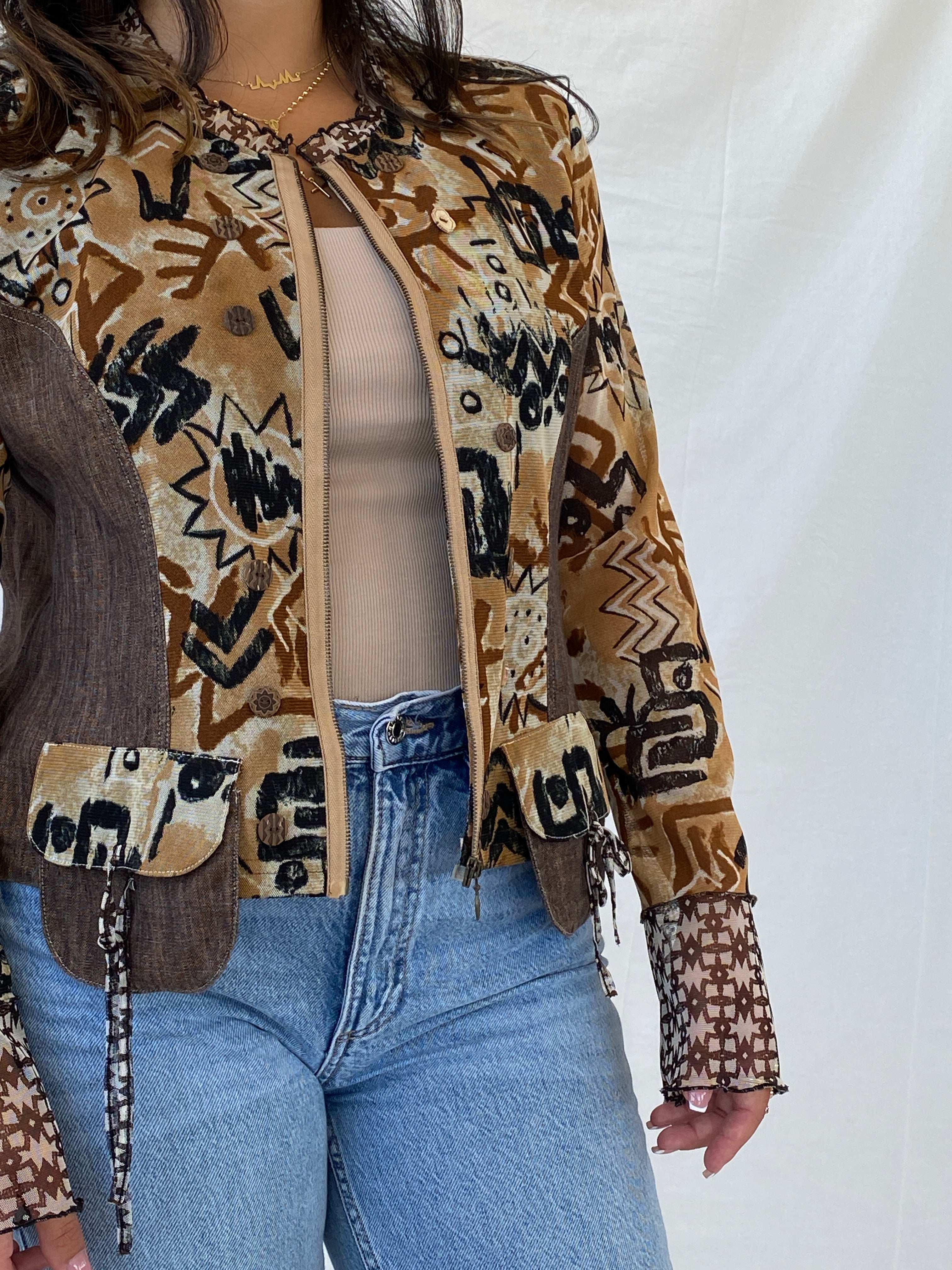 90s Pause Café Brown Boho Print Semi Mesh Zip Up Cardigan - XL - Balagan Vintage Cardigan 90s, Boho, cardigan, Lana, mesh, mesh top, NEW IN