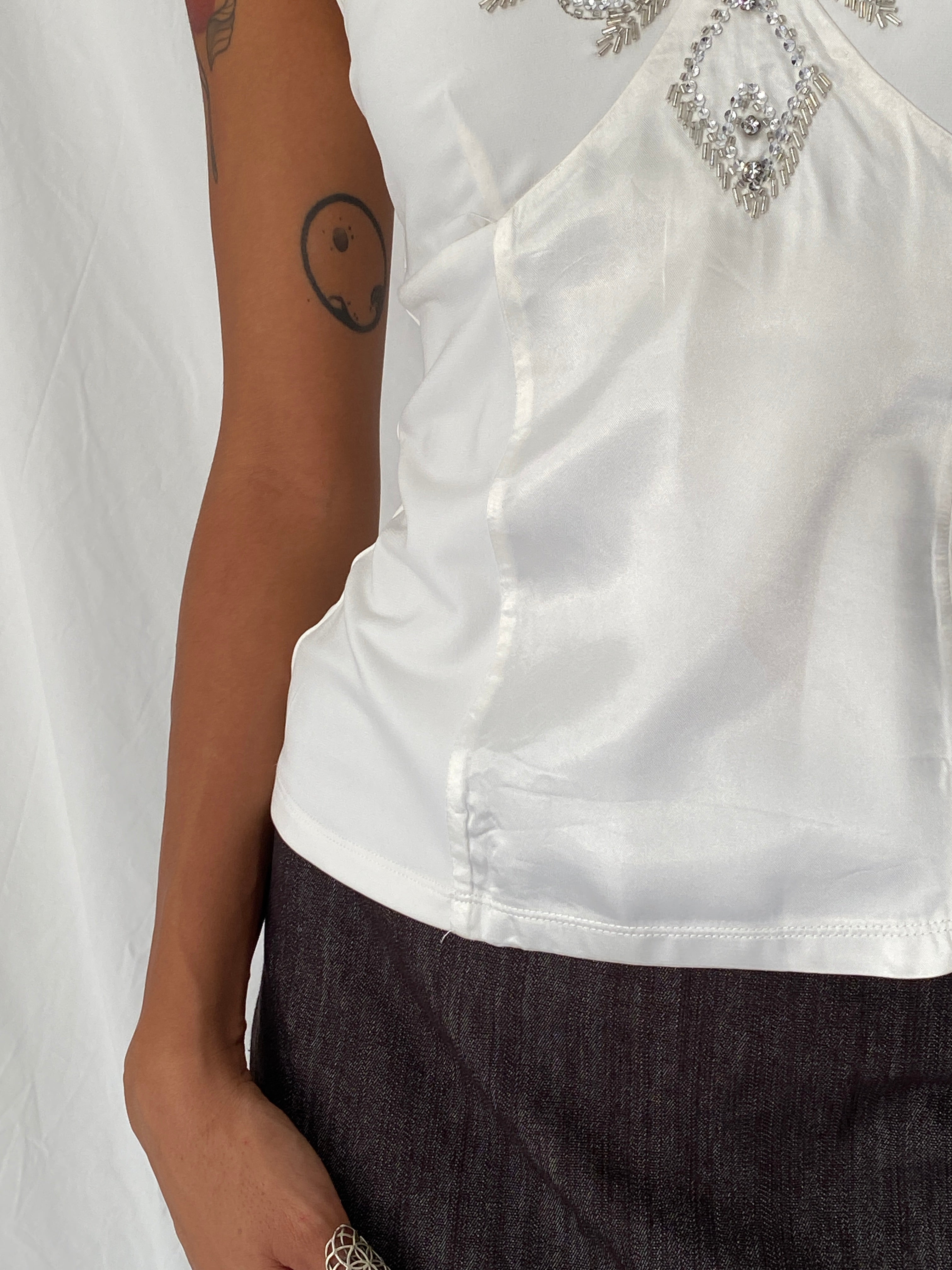 Y2K Next White Satin Rhinestone Beaded Halter Top - M