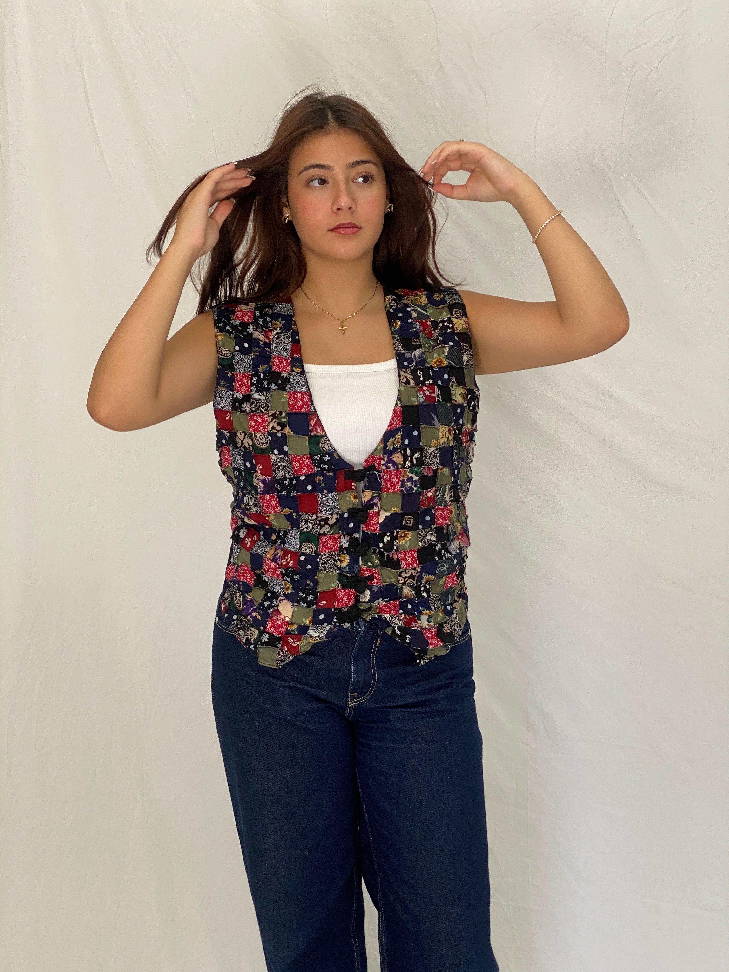 Vintage 90s Soul Mate’s Patchwork Tie-Back Vest Multicolor Boho Art Wear - L