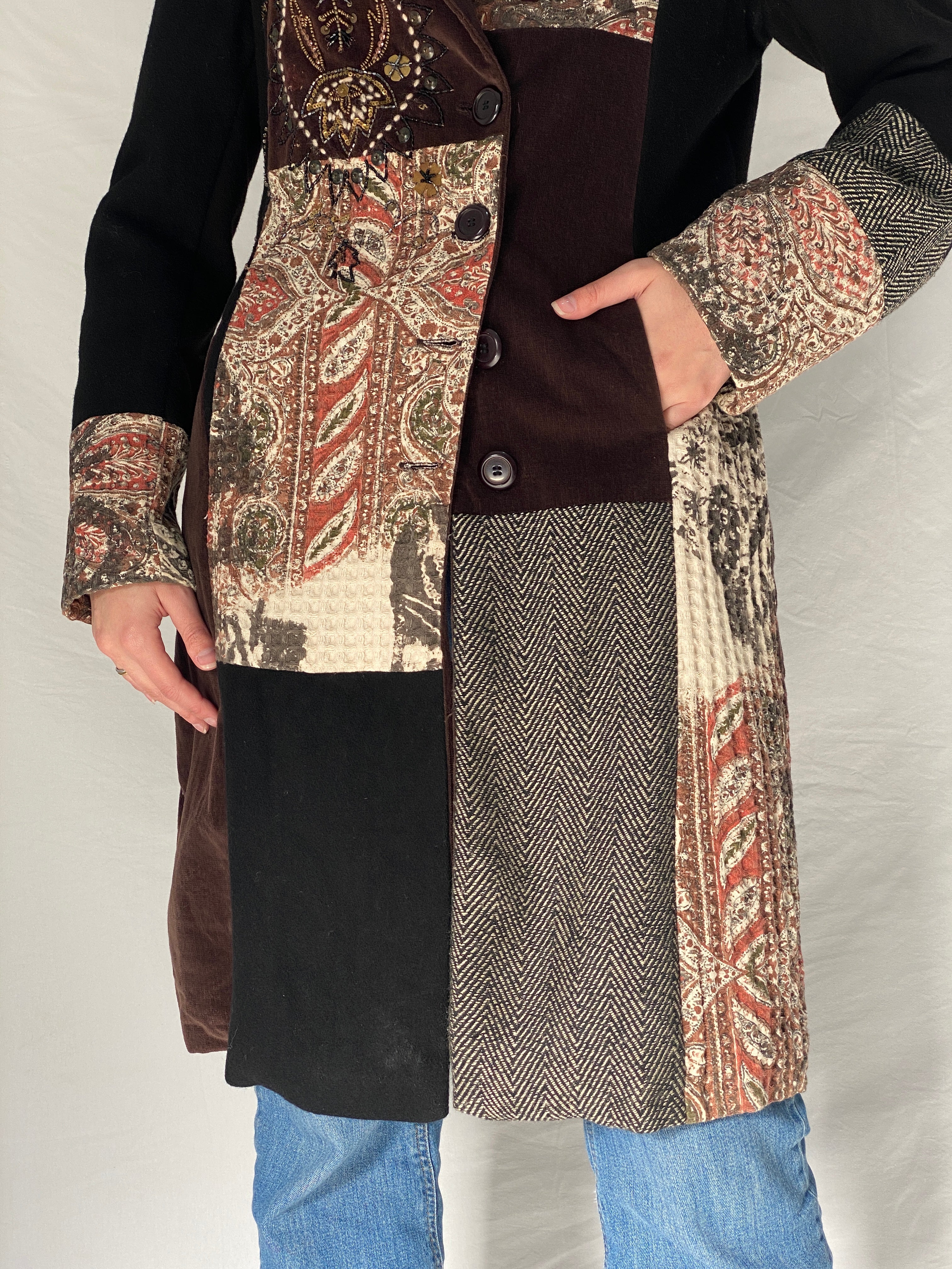 Vintage Derhy Patchwork Coat Bohemian Embroidered Artistic Long Coat 90s 00s Statement Jacket - M