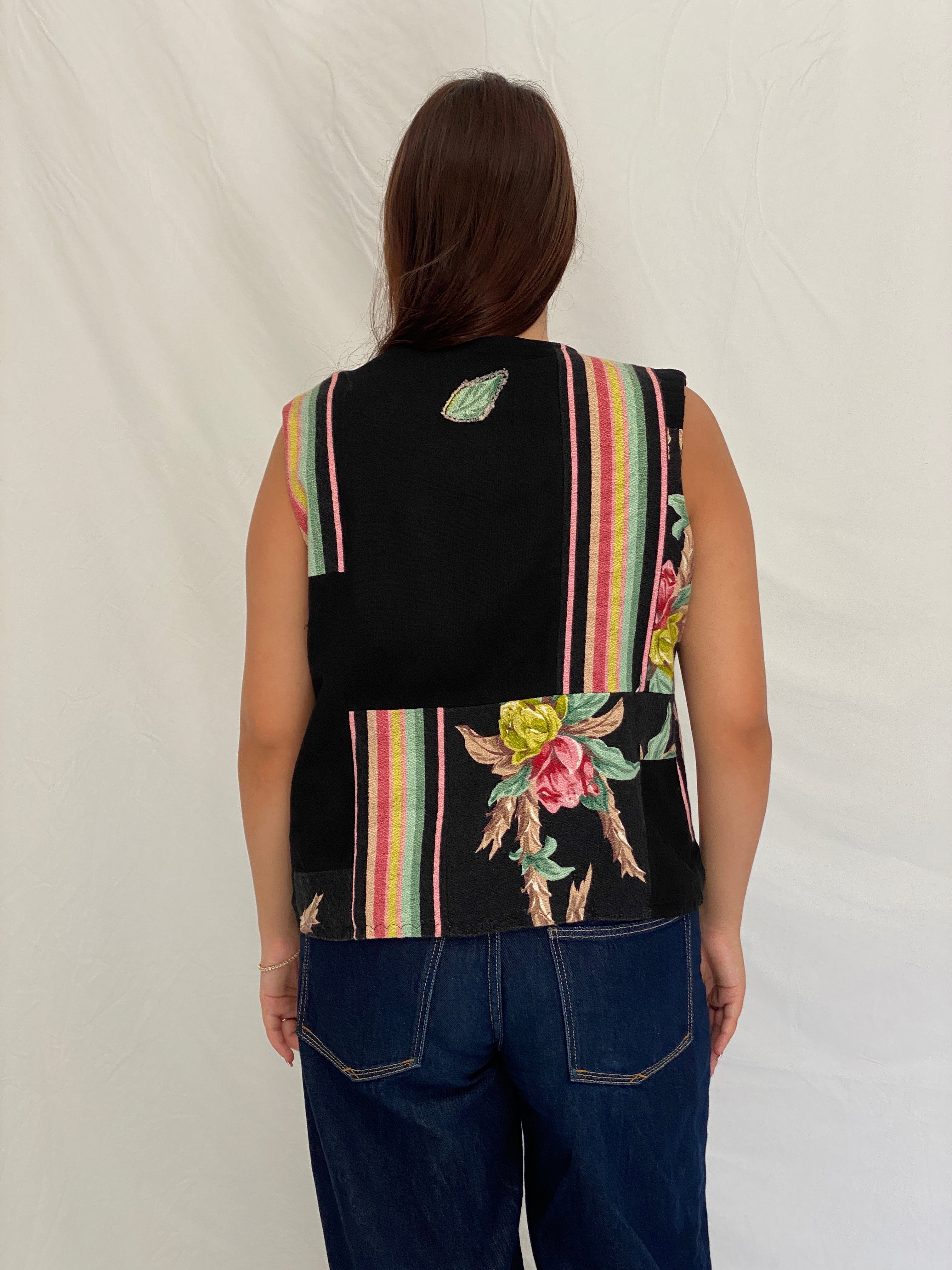 Vintage Black Patchwork Floral Vest Asymmetric Button Boho Waistcoat – L