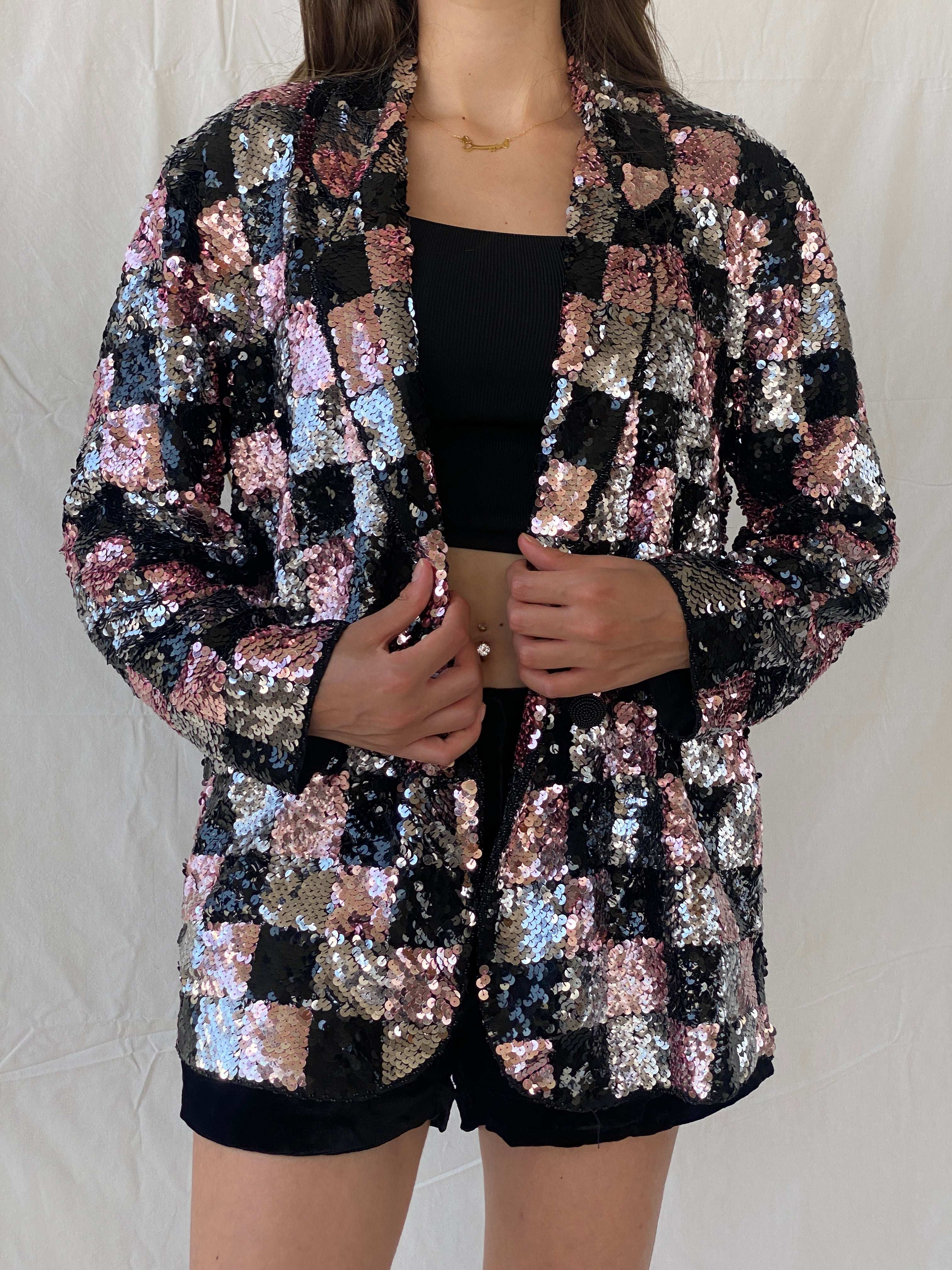 Statement Vintage Jris Black, Pink & Silver Sequin Party Blazer - M