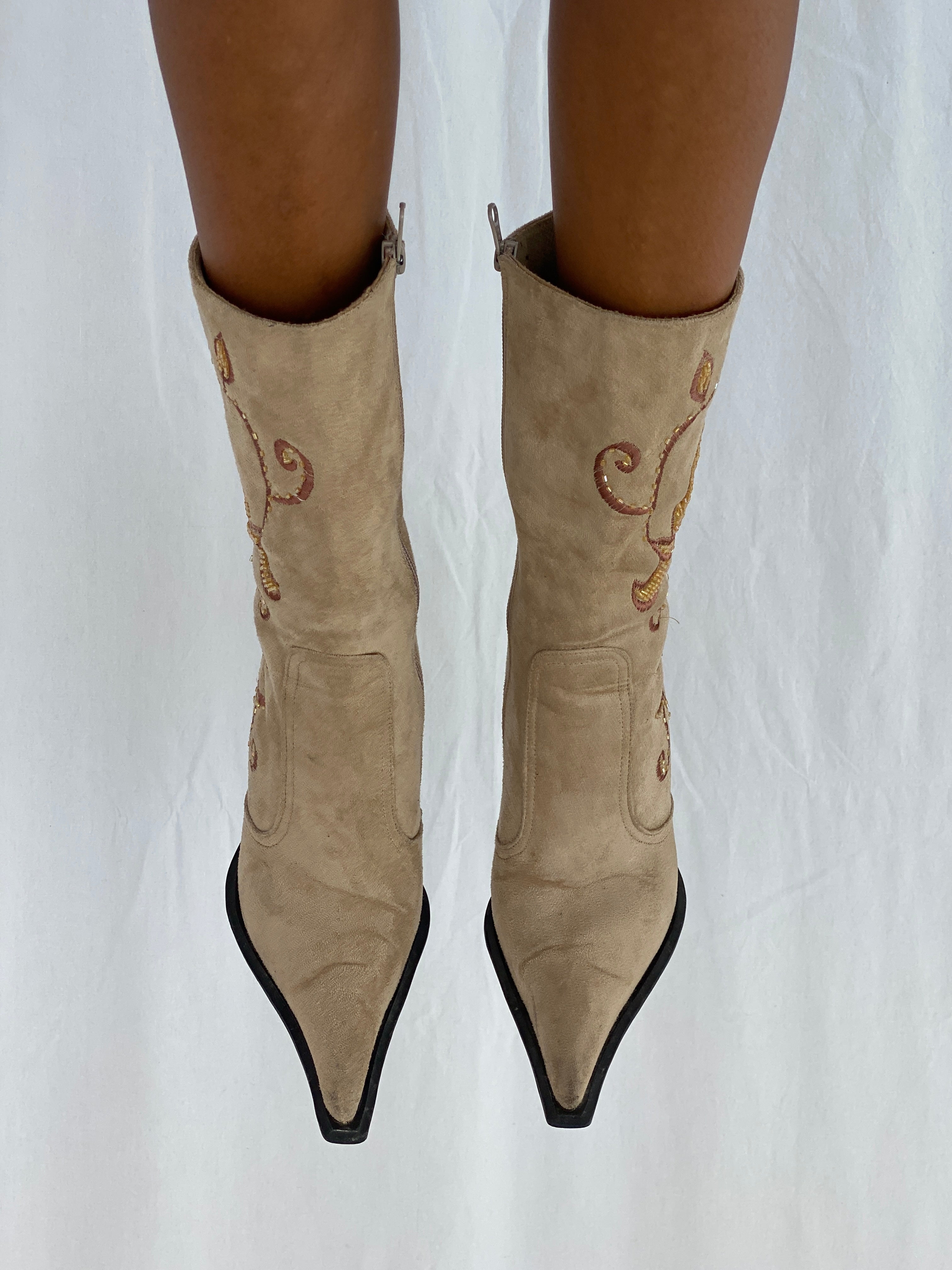 Vintage Milano Camel Suede Western Embellished Heel Boots