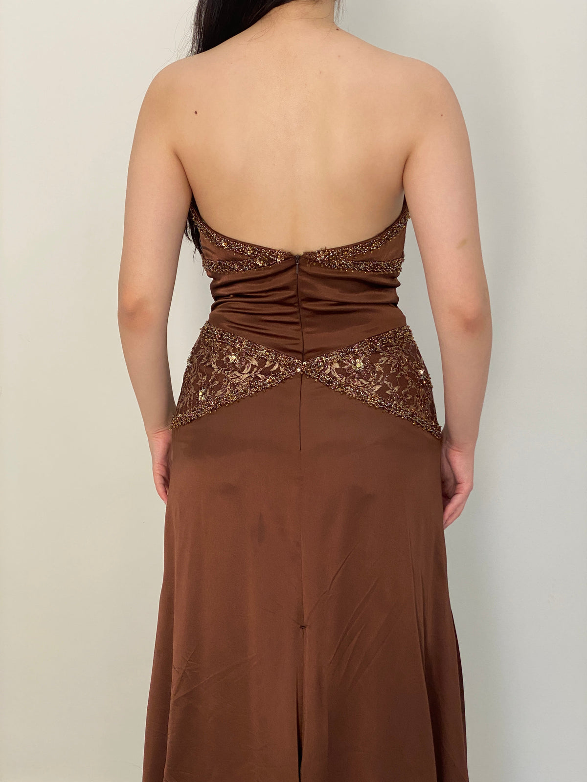 Vintage Party Time Brown Beaded Lace Strapless Formal Gown – M
