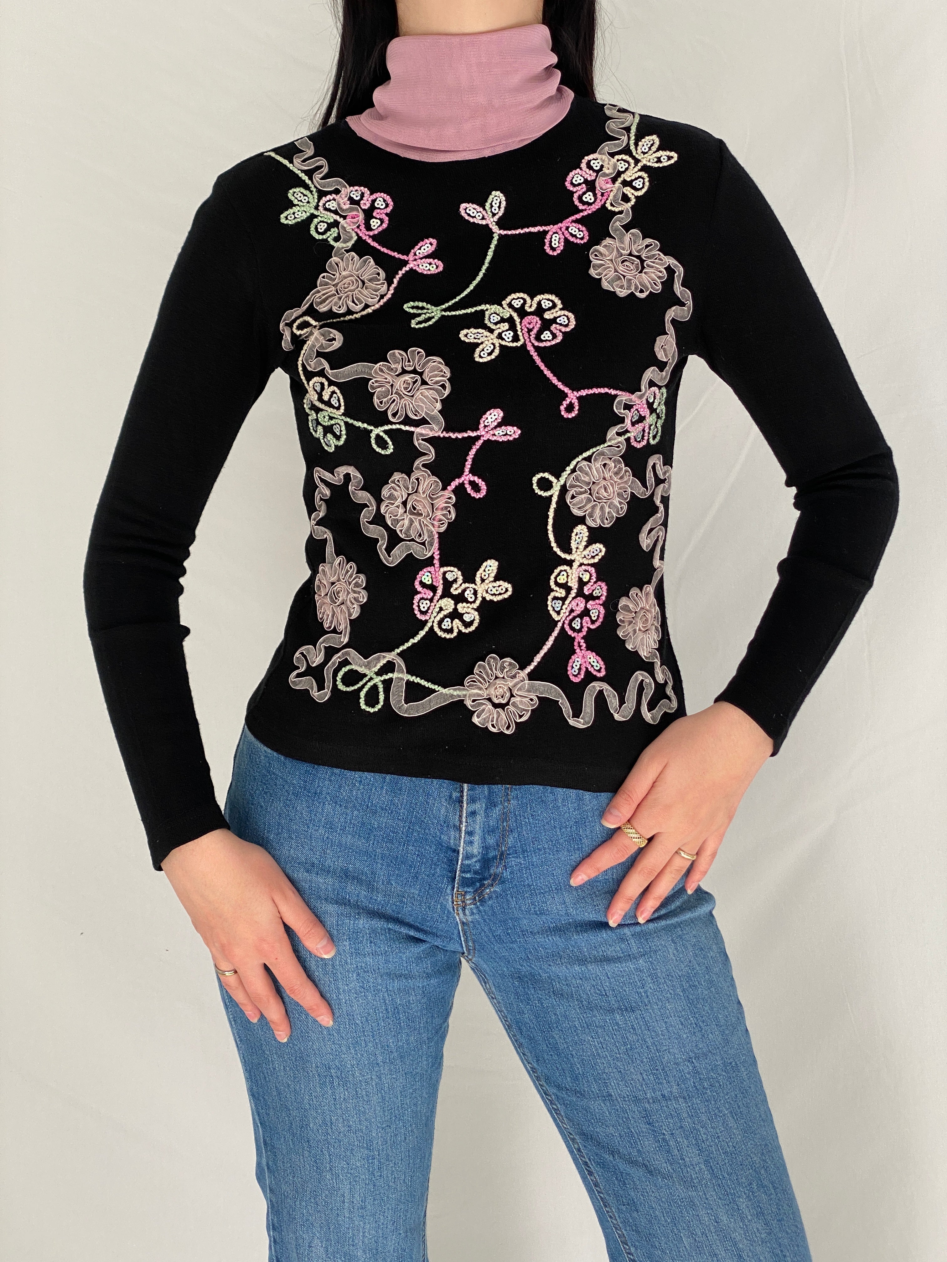 Vintage Black Floral Embroidered Pink 90s High Neck Top - S