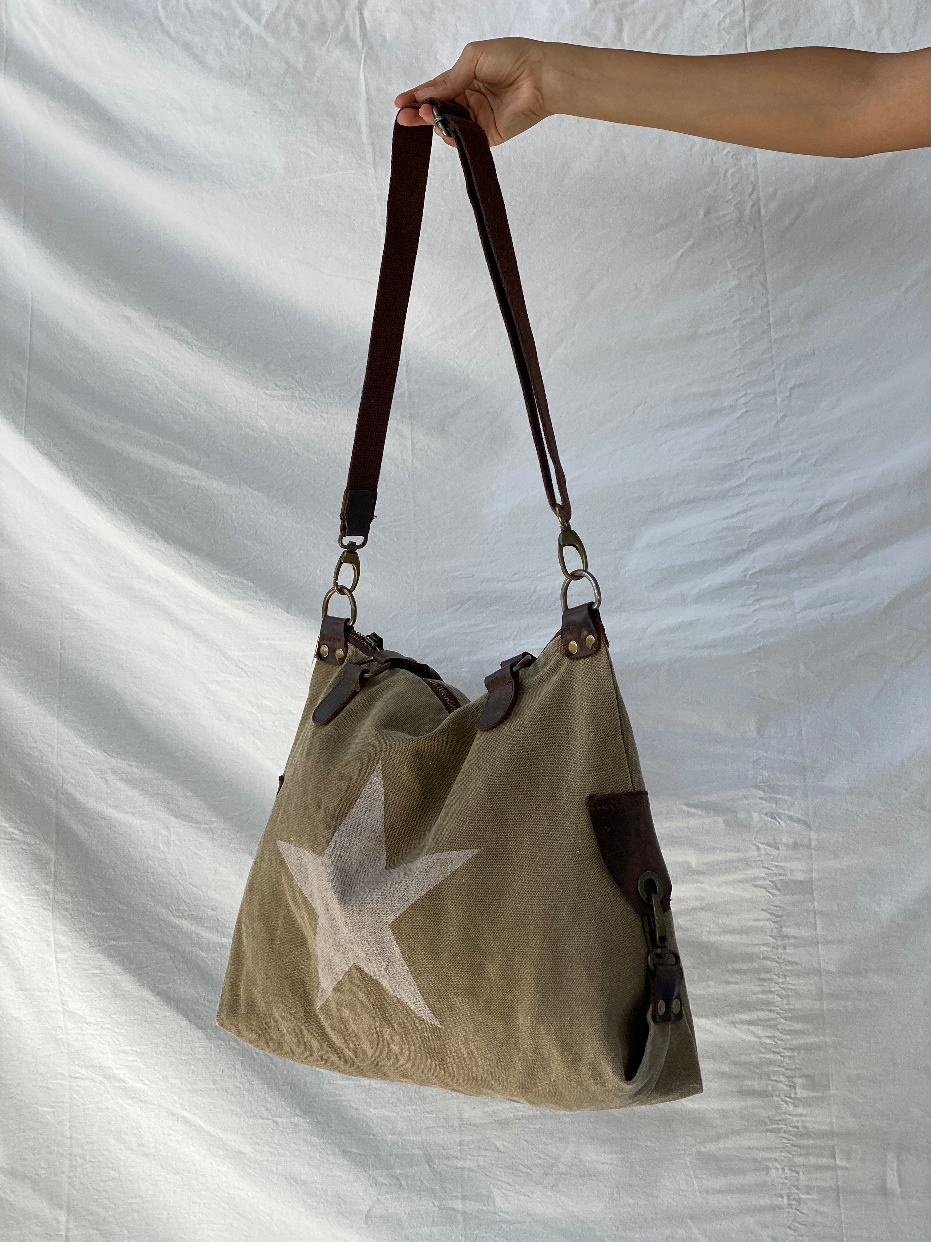 Vintage Genuine Leather Star Canvas Tote Bag