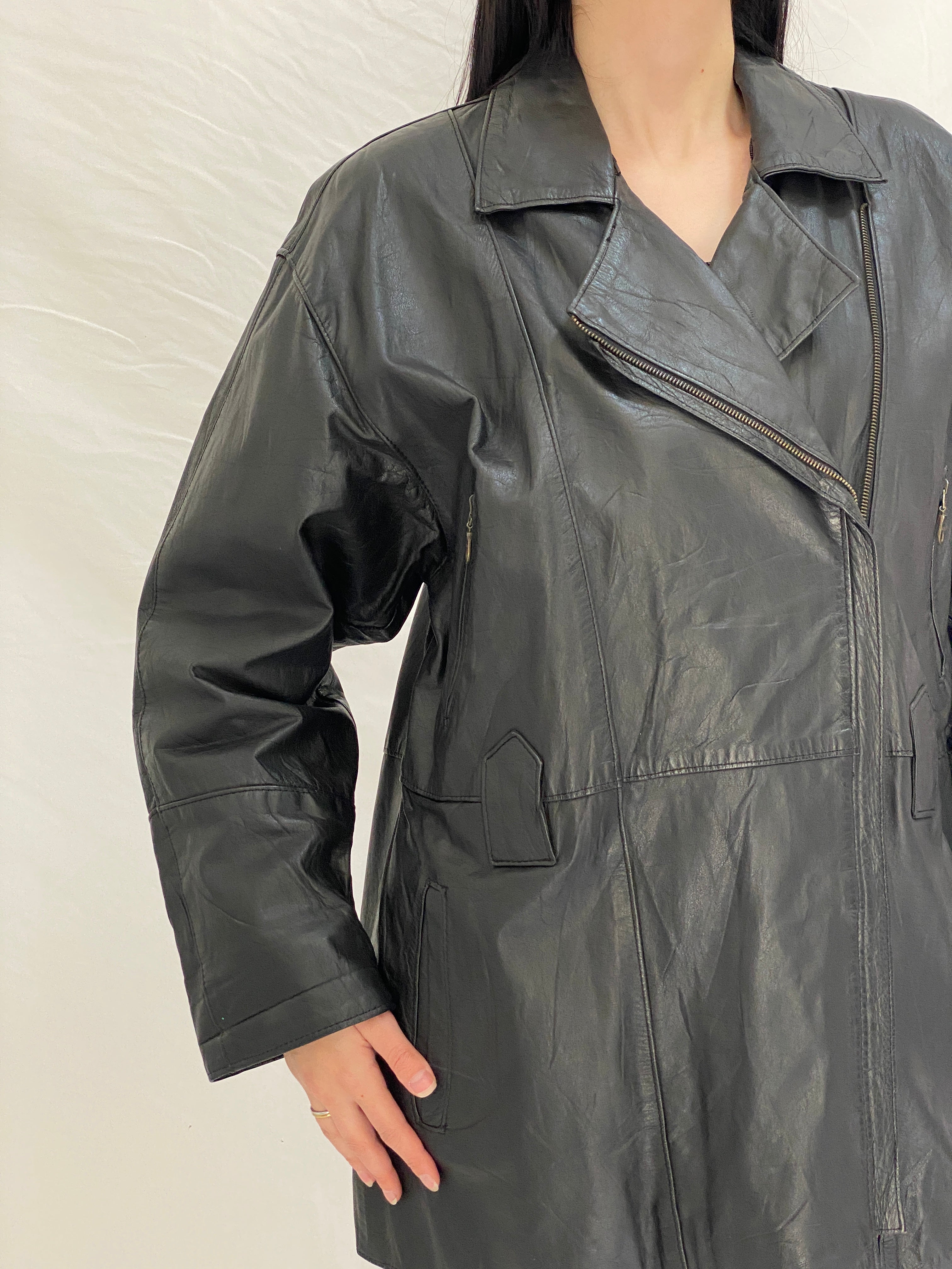 Vintage 90s Genuine Leather Moto Jacket Black Oversized Biker Coat - XL