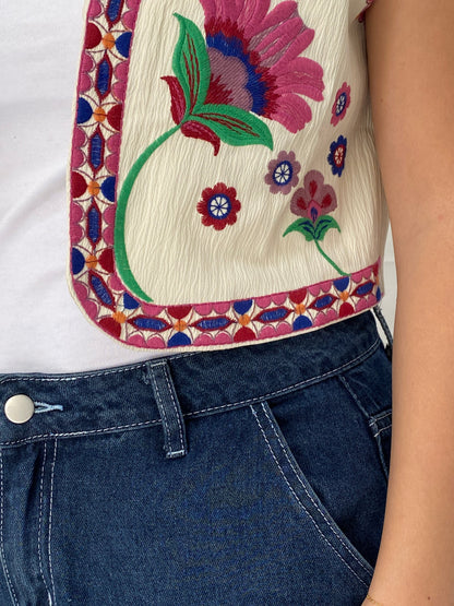 Vintage Beige Pink Floral Folk Embroidered Vest - M