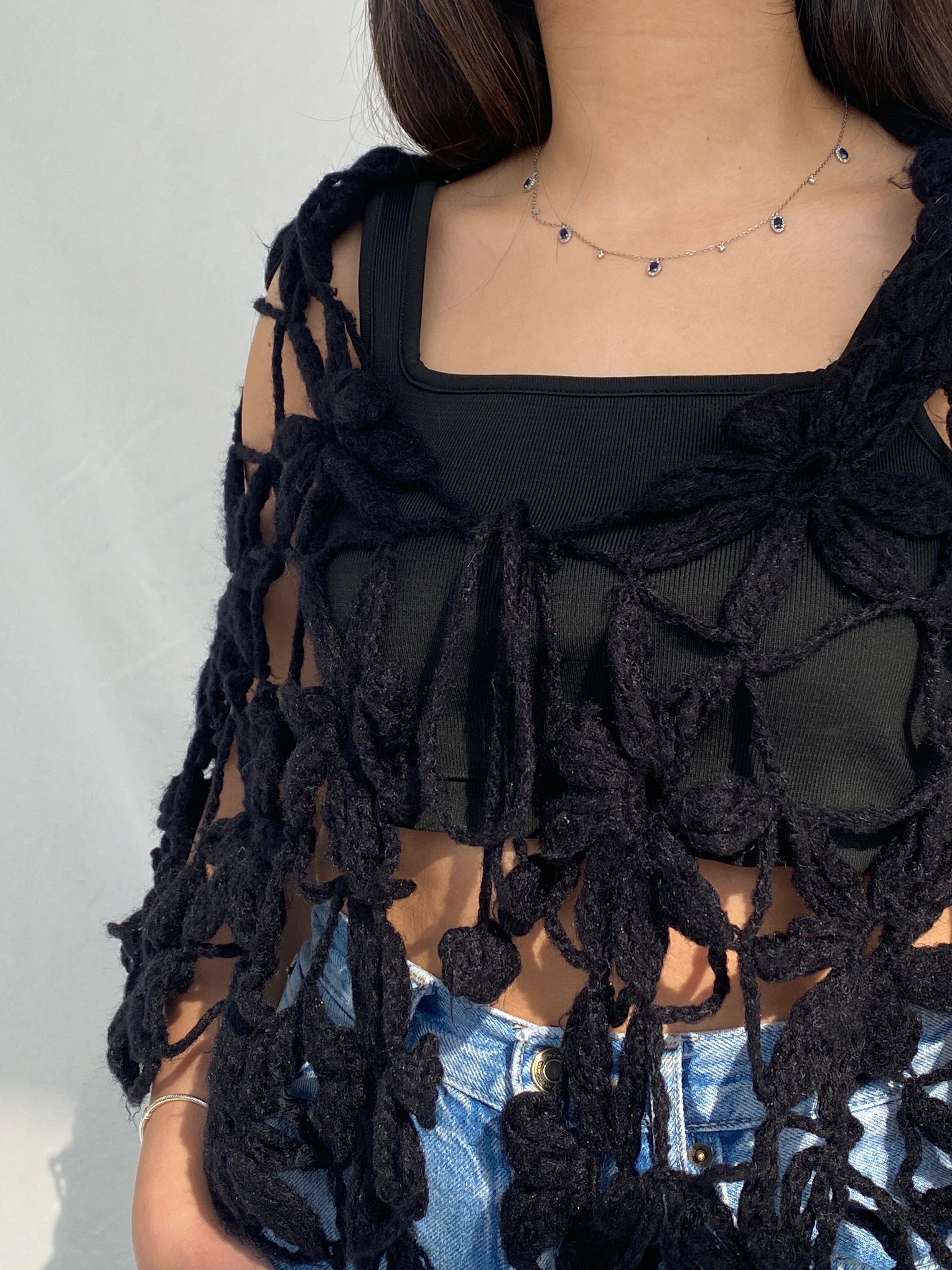 Y2K Black Women’s Crochet Scarf Cardigan - One Size