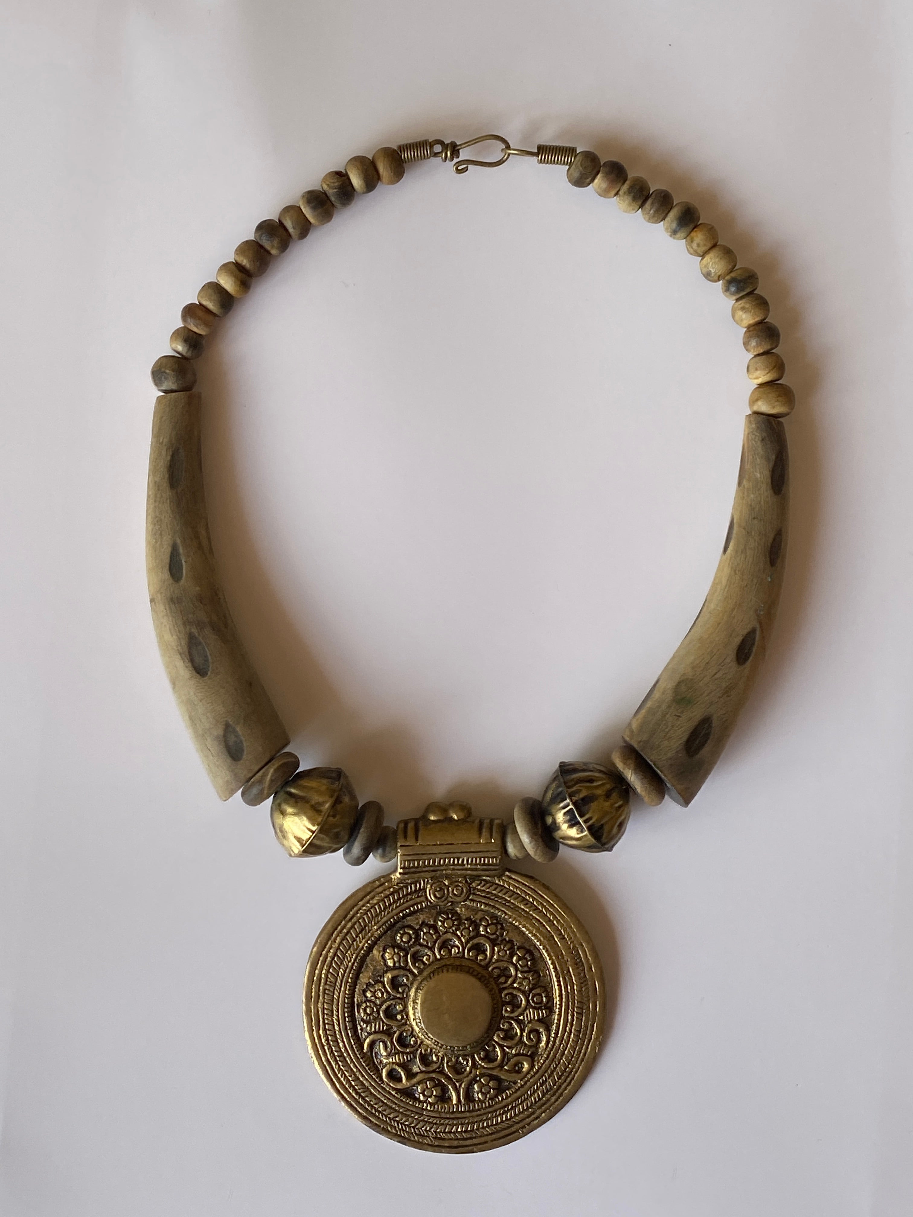 Vintage Boho Ethnic Wood Brass Statement Necklace
