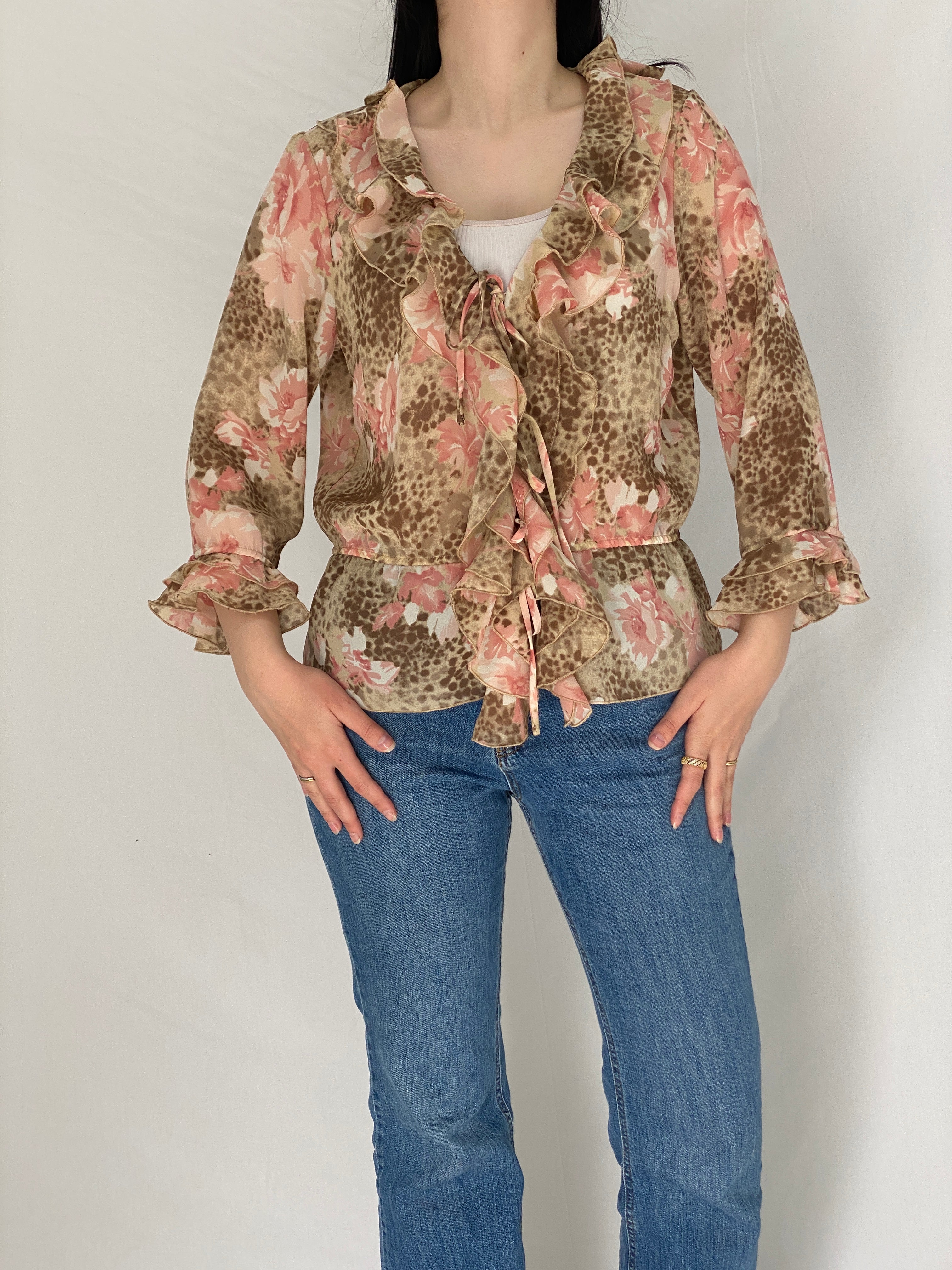 Vintage Y2K La Cara Mode Vögele Pink Brown Floral & Leopard Print Ruffle Front Tie Blouse - XL