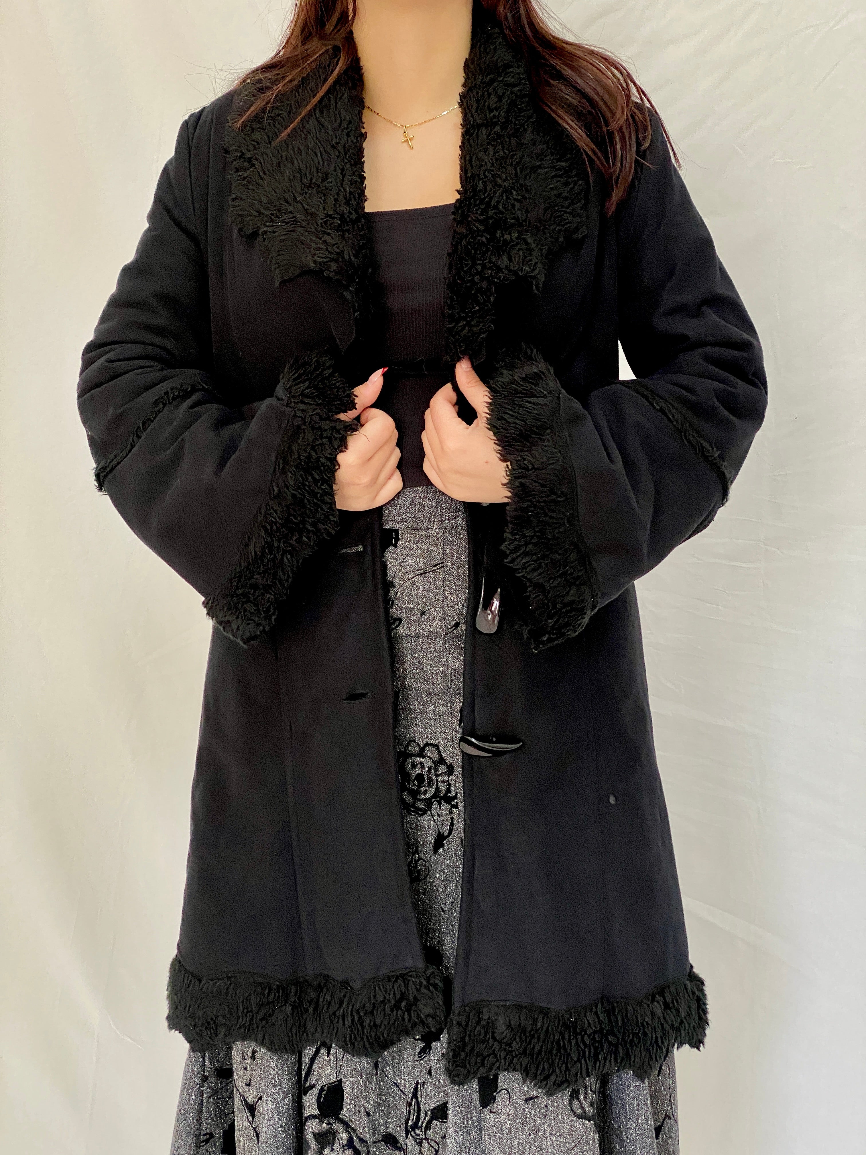 Vintage De Blue Black Penny Lane Faux Fur Lined Long Coat Toggle Closure Jacket - M