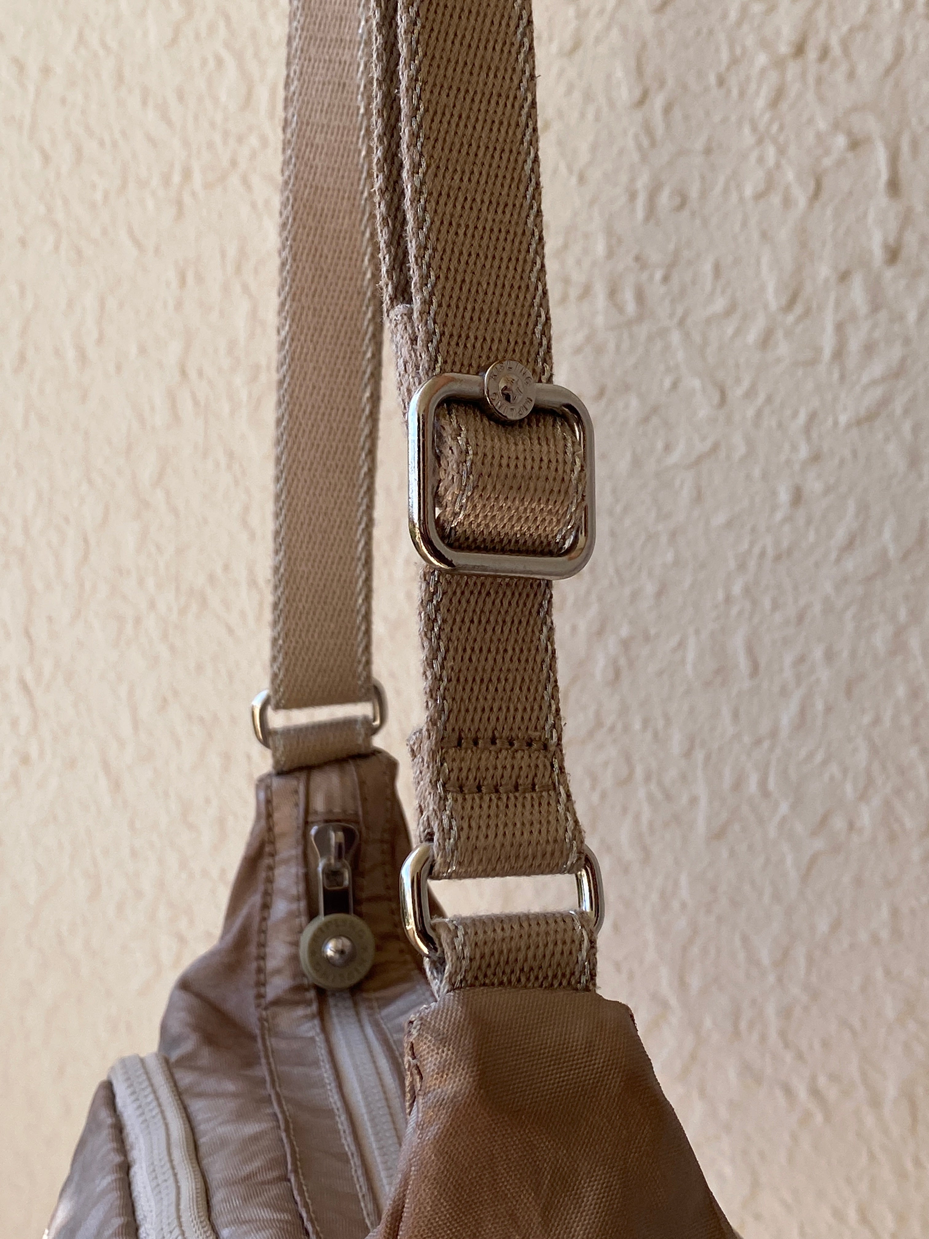 Y2K Kipling Metallic Taupe Nylon Multi-Pocket Crossbody Bag with Monkey Charm