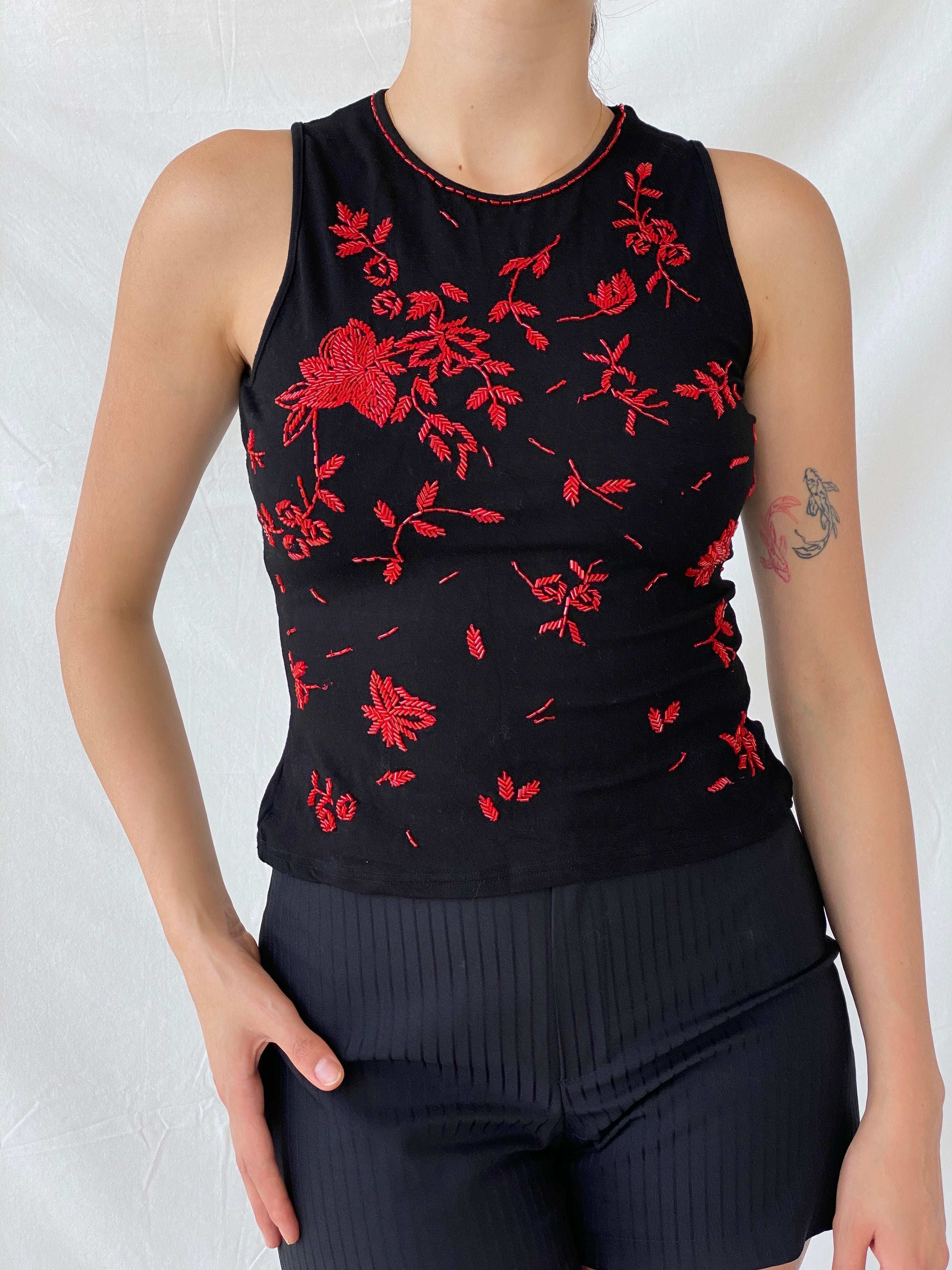 Vintage Morgan De Toi Red Floral Beaded Black Sleeveless Top - M