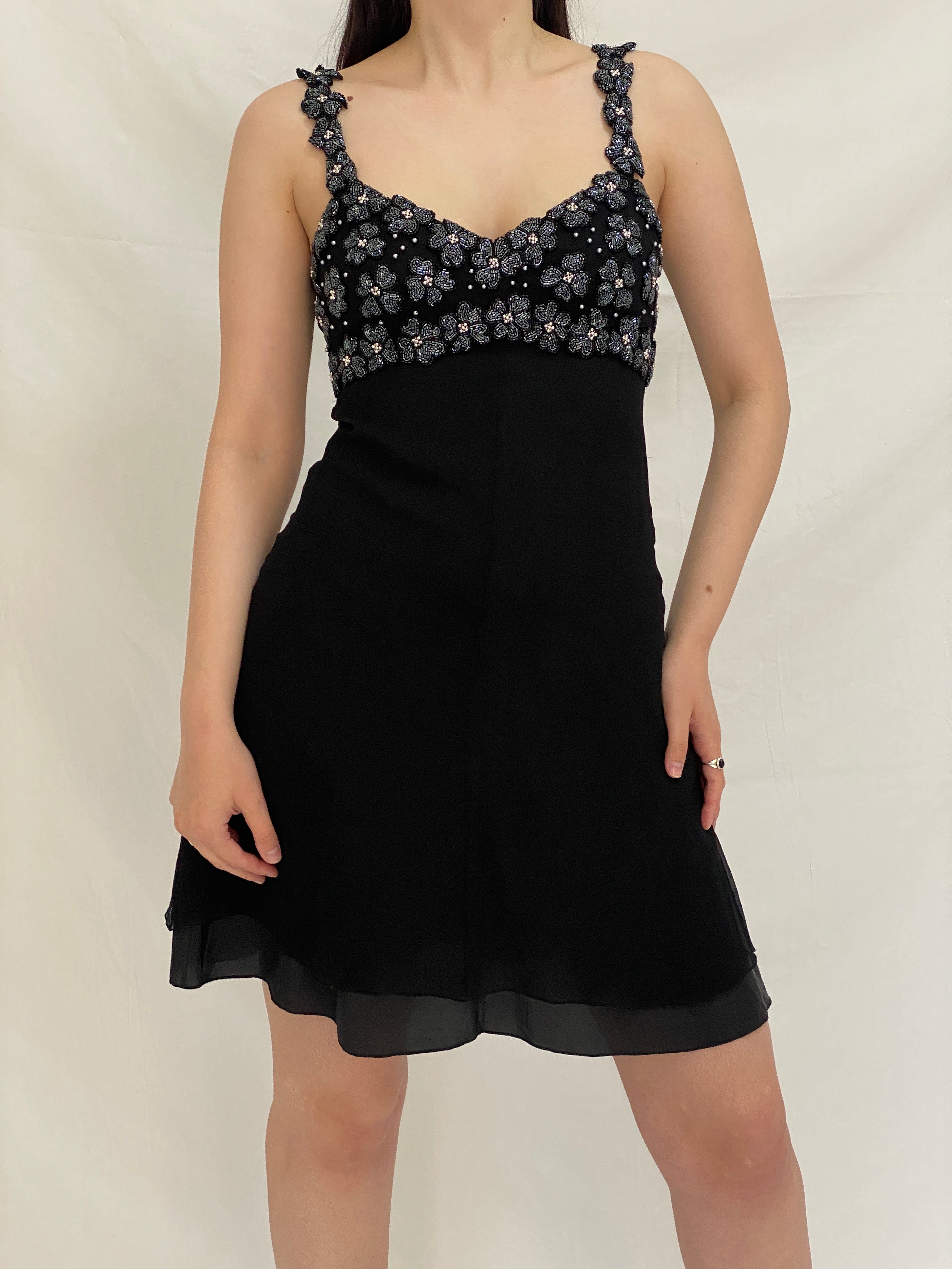 Vintage 90s A.J. Bari Black Silk Beaded Floral Bodice Mini Dress - S Vintage 90s A.J. Bari Black Silk Beaded Floral Bodice Mini Dress - S