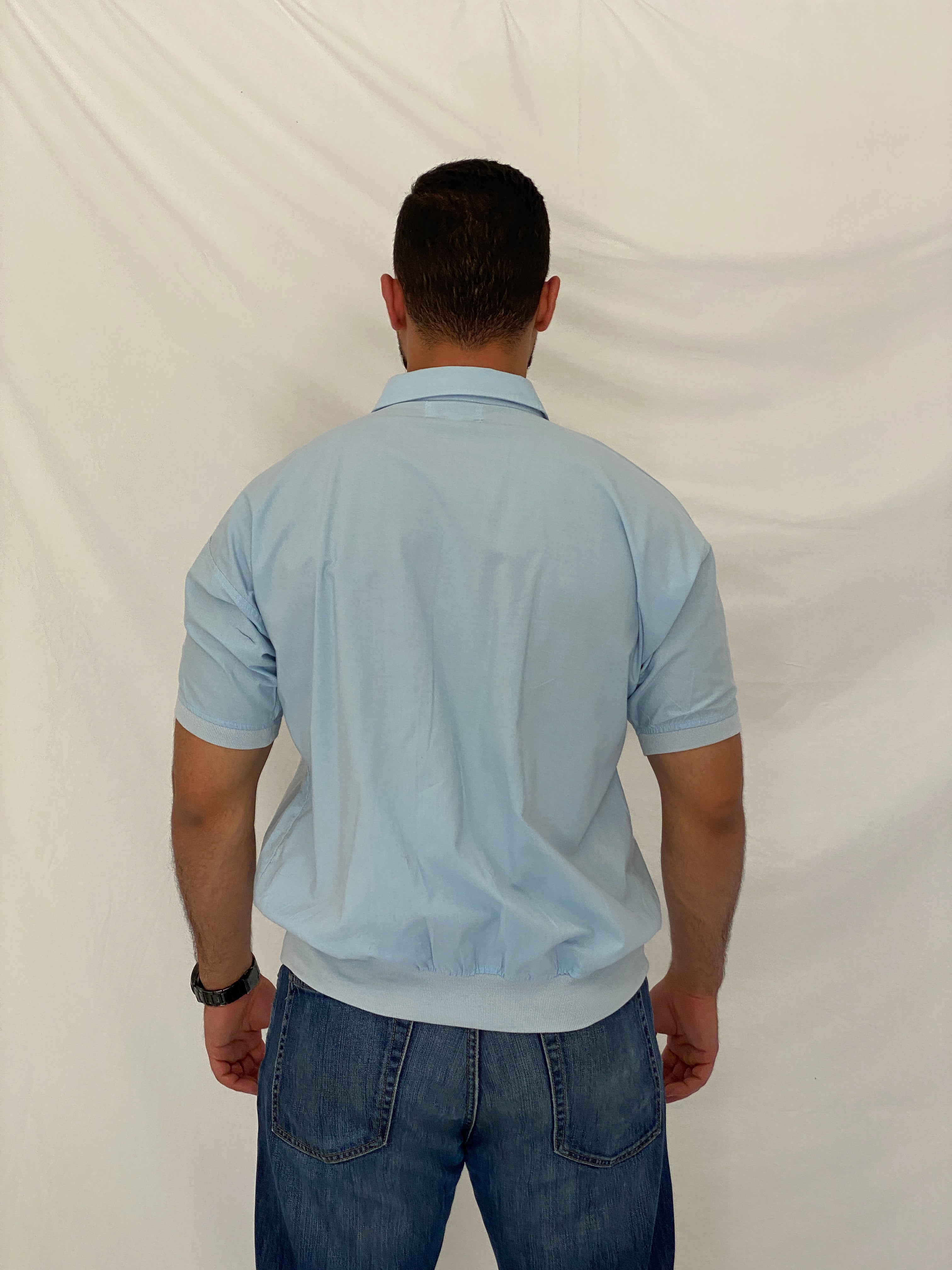 Vintage Alexxus Knit Panel Polo Shirt Blue & White Retro Pullover – XL