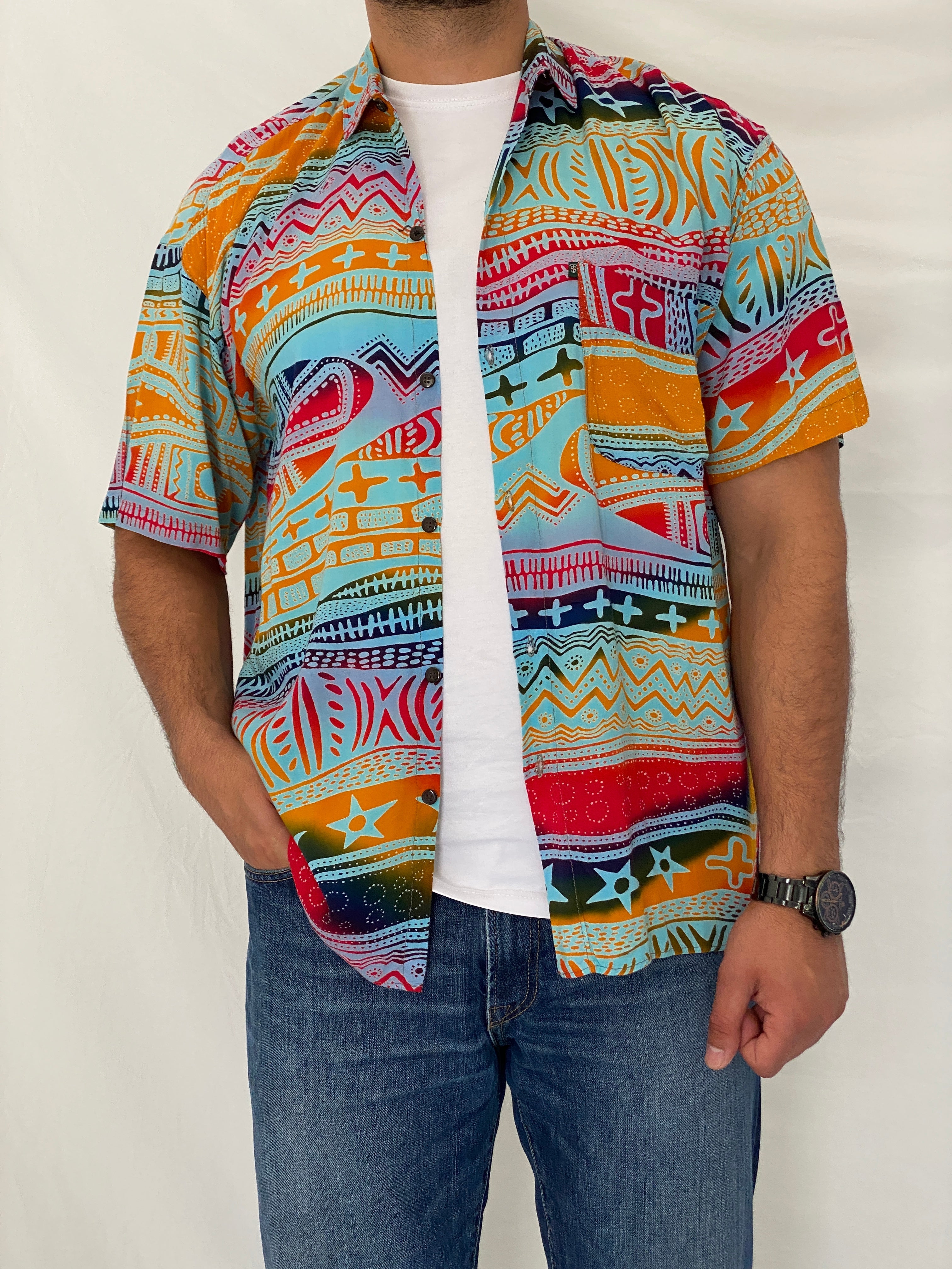 Vintage Y2K Stiweelds Multicolor Tribal Print Short Sleeve Shirt – XL