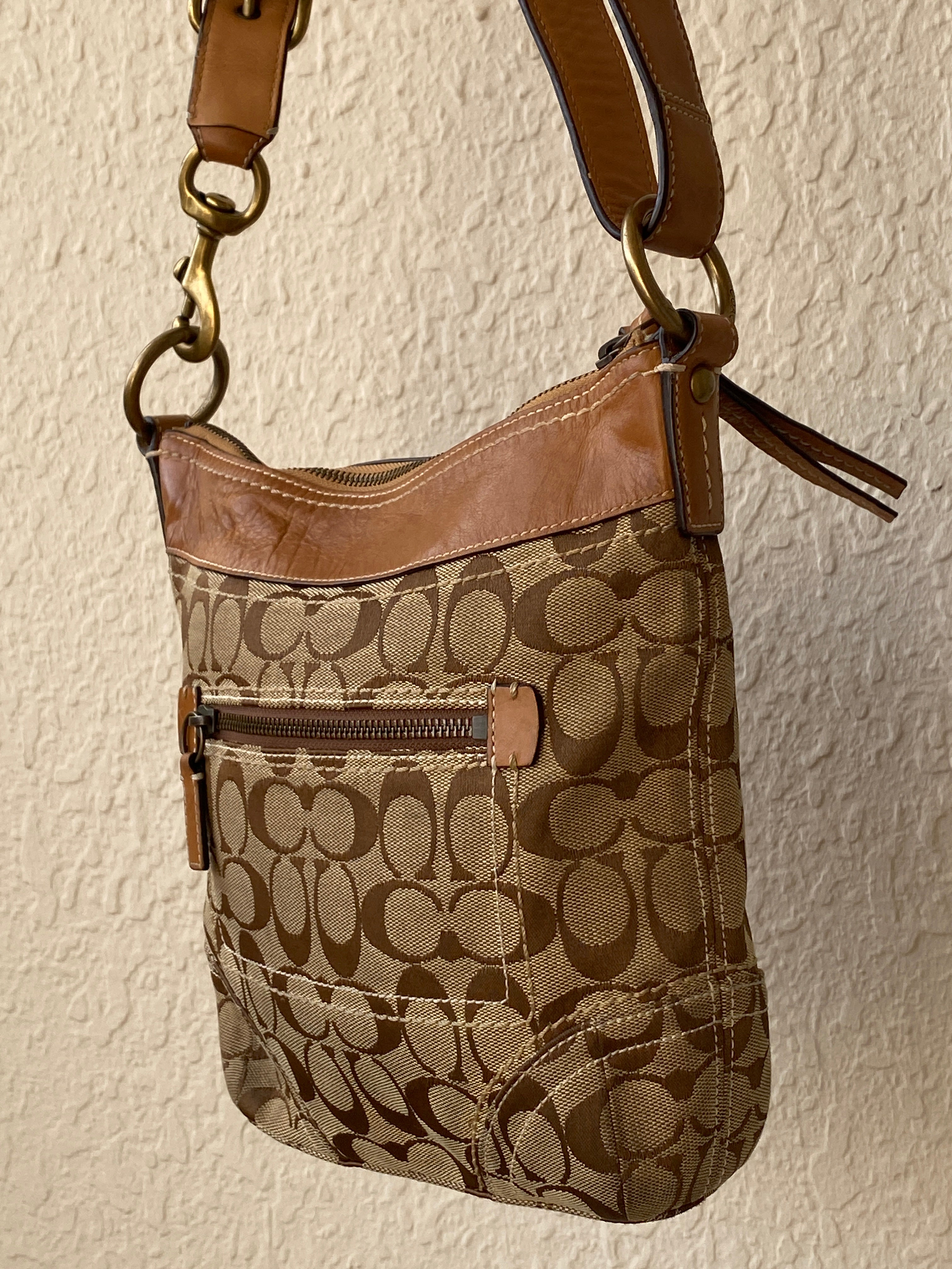 Vintage 2000s Coach Signature Monogram Canvas Shoulder Bag Brown & Tan Leather Trim