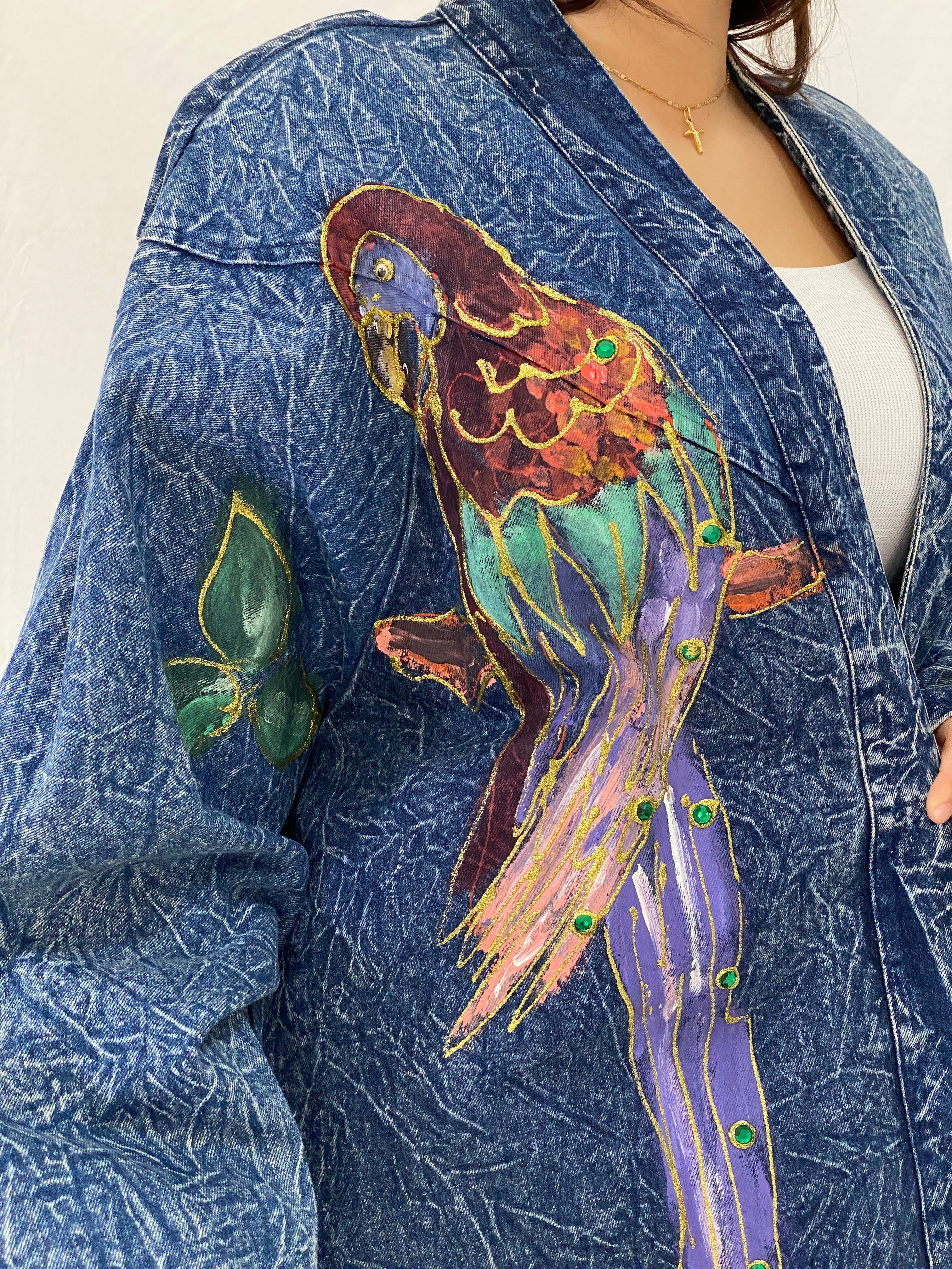 Vintage Christie California Hand Painted Denim Duster 80s Acid Wash Kimono Coat - 2XL