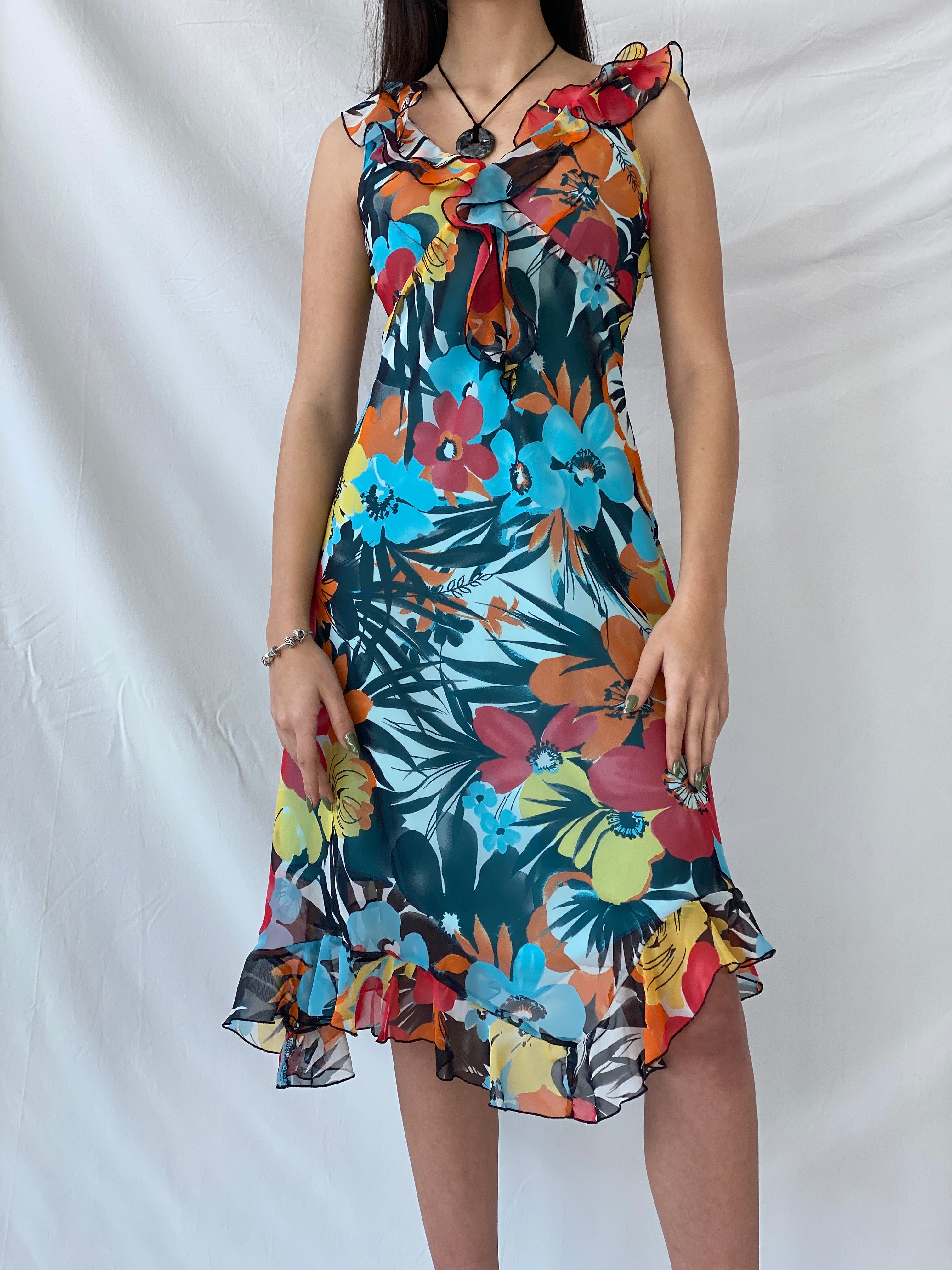 Y2K Floral Blue & Orange Ruffled Midi Dress - M