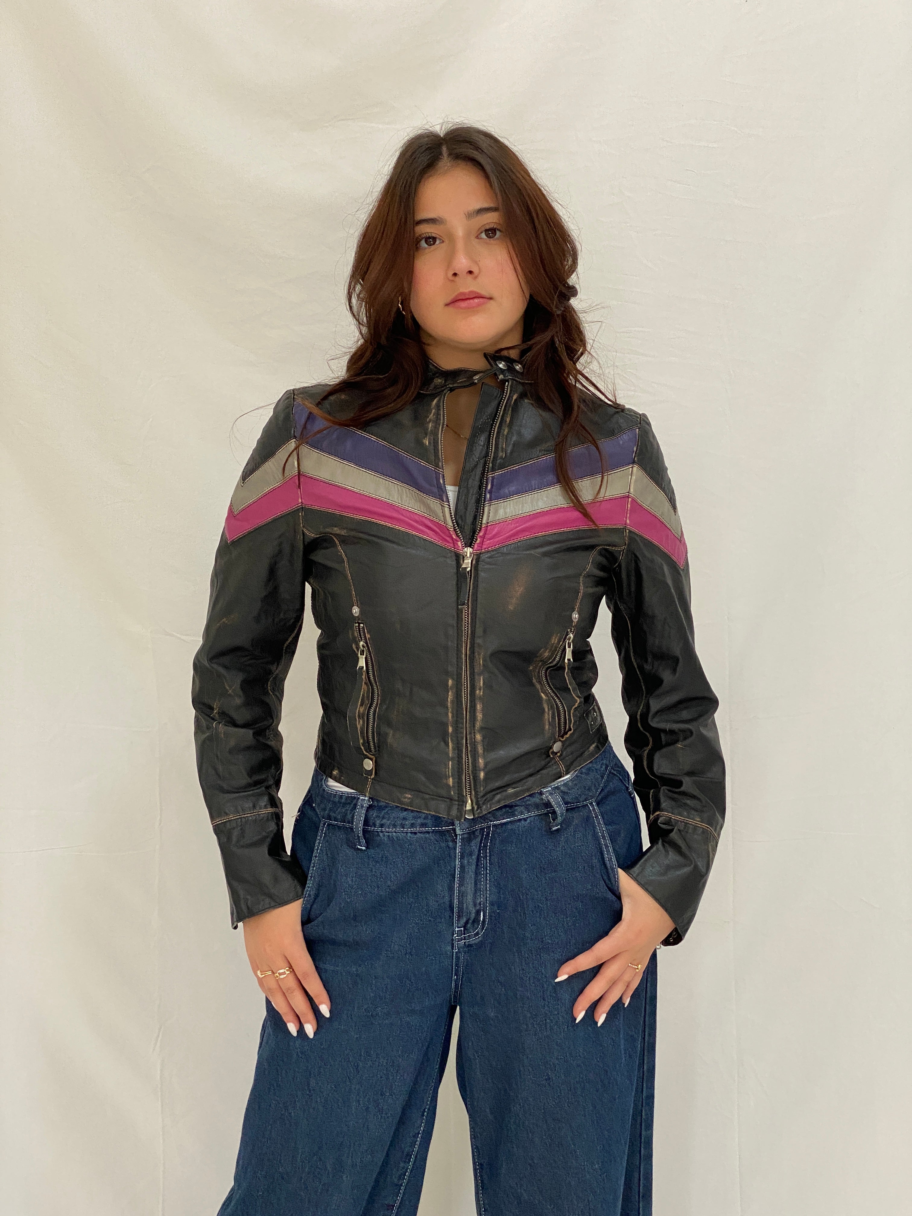 Vintage Miss Sixty Distressed Genuine Leather Moto Jacket Y2K Chevron Colorblock Biker - M