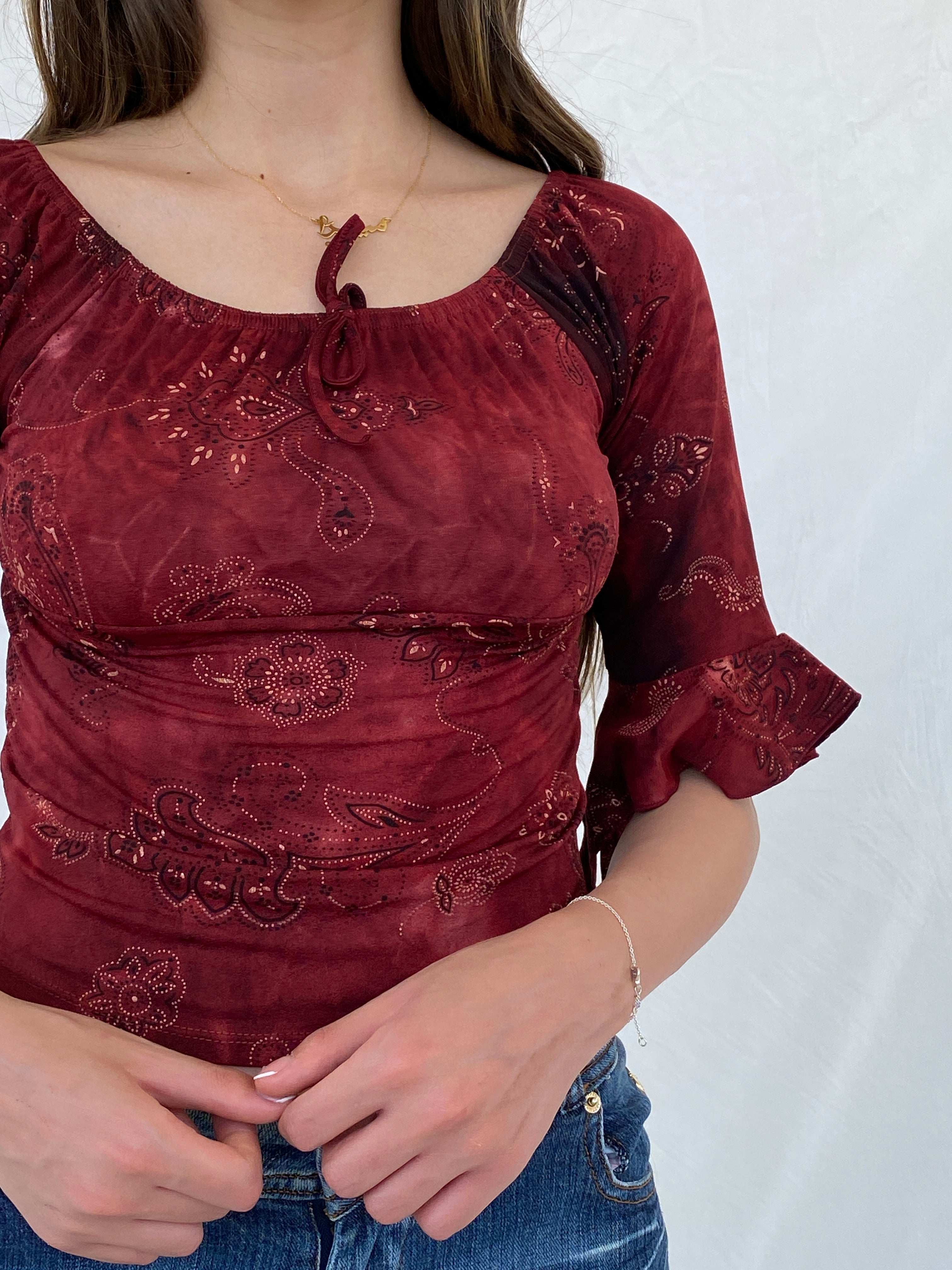 Vintage Floral Glittery Maroon Boho Top - S - Balagan Vintage Full Sleeve Top 90s, floral, floral top, full sleeve top, Mira, NEW IN