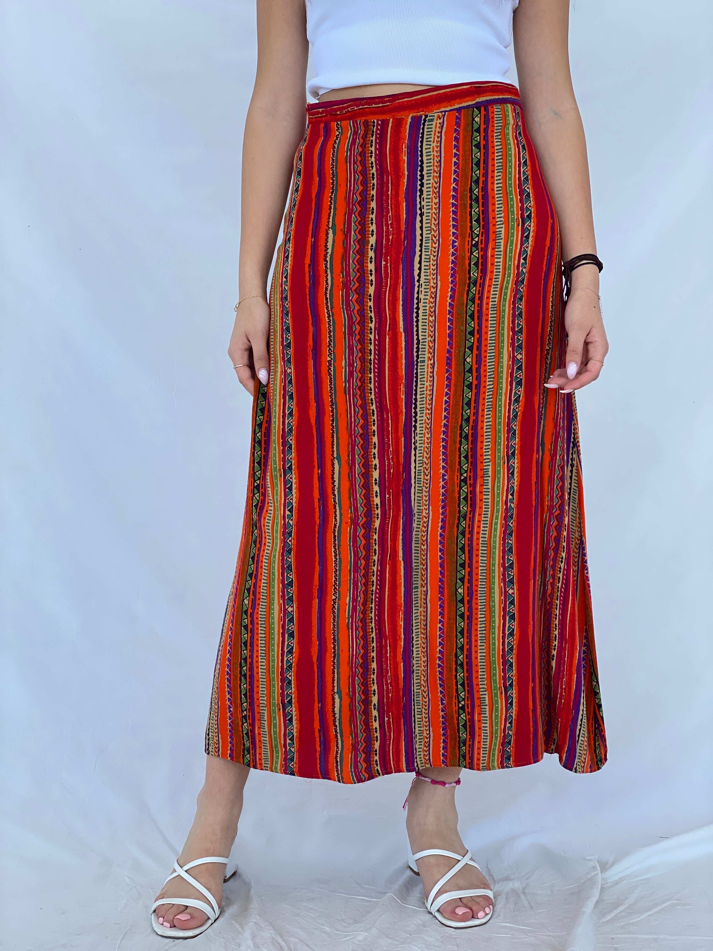 Vintage Handmade Striped Multicolored Maxi Boho Skirt - Balagan Vintage Maxi Skirt 90s, Afro print, Boho, crazy print, geometric print, Juana, maxi skirt