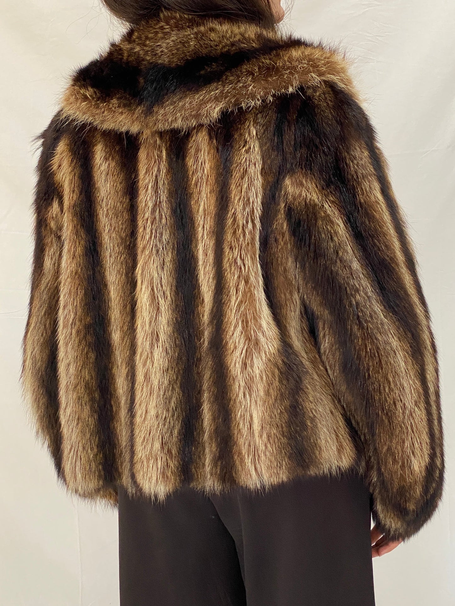 Vintage Striped Brown & Black Real Fur Coat - 70s Glam Winter Statement Jacket - M/L