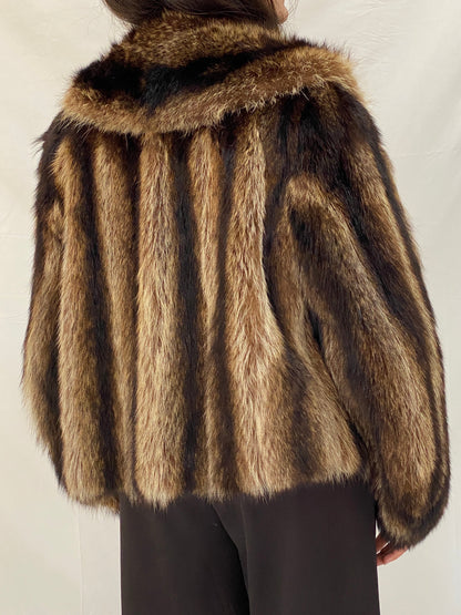 Vintage Striped Brown & Black Real Fur Coat - 70s Glam Winter Statement Jacket - M/L