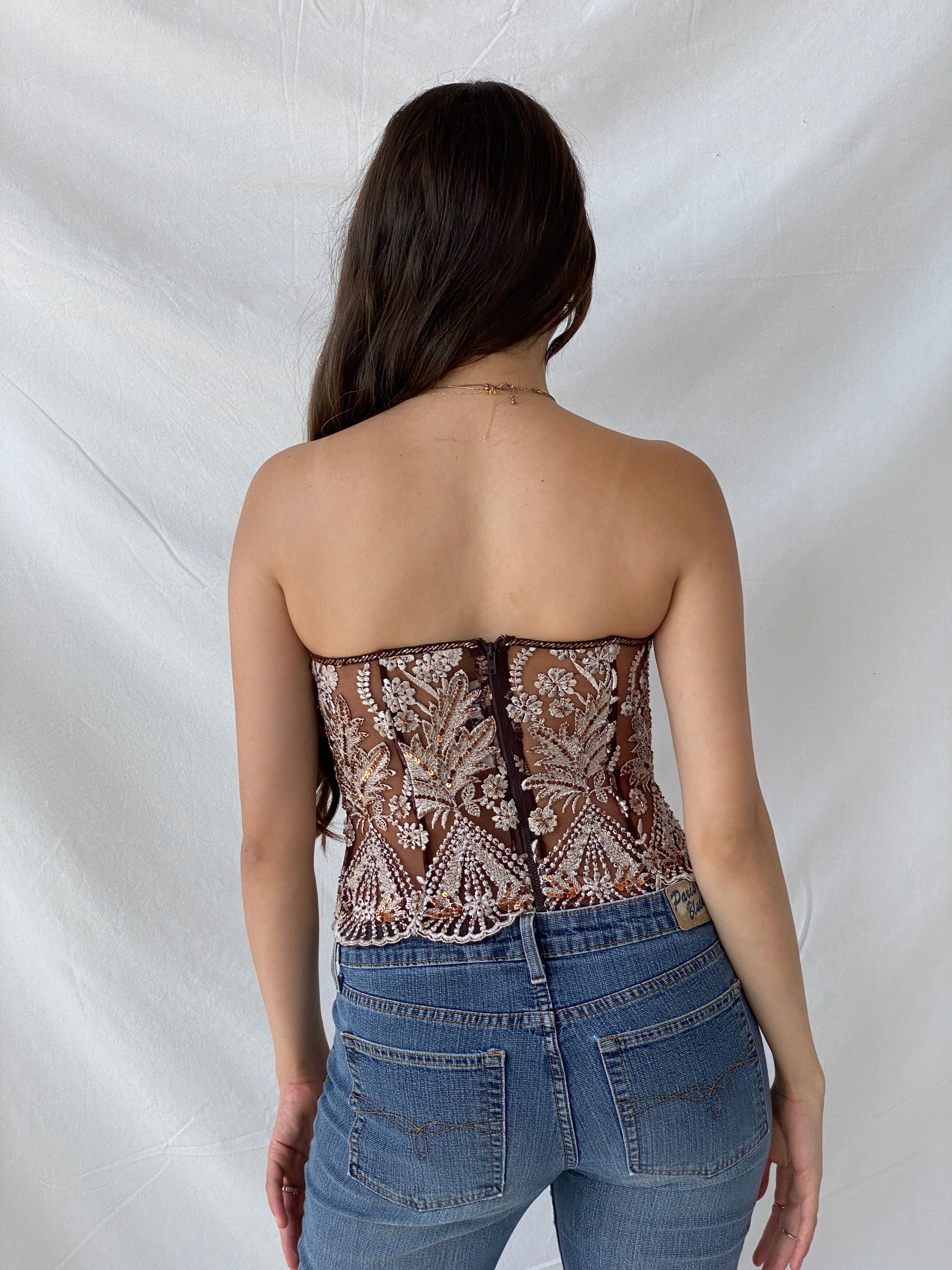 90s Aftershock Brown Sequined Embroidery Party Boned Corset - S