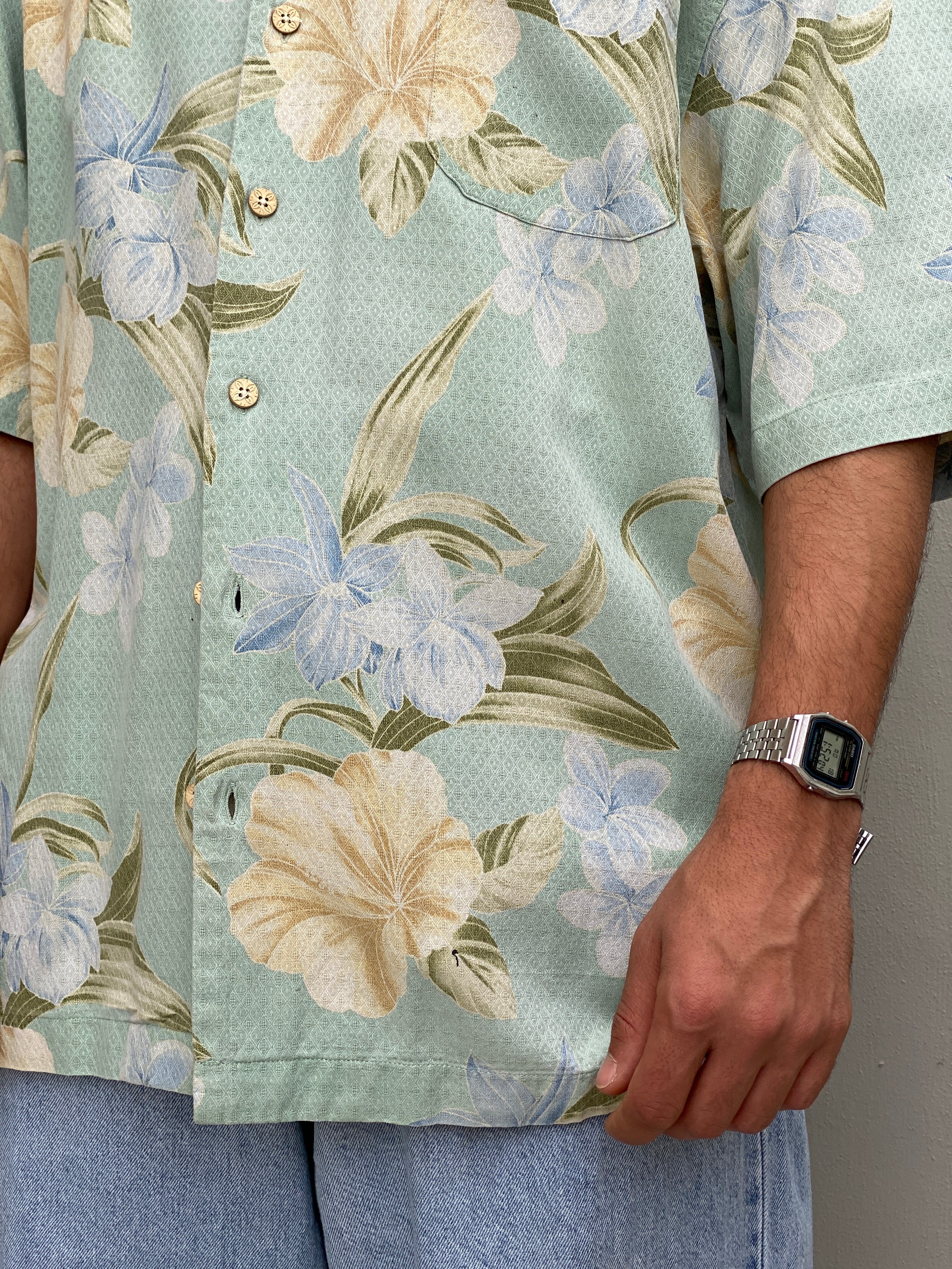 Vintage 90s Jamaica Jaxx Silk Hawaiian Shirt Mint Green Floral Tropical Resort Button Up - L