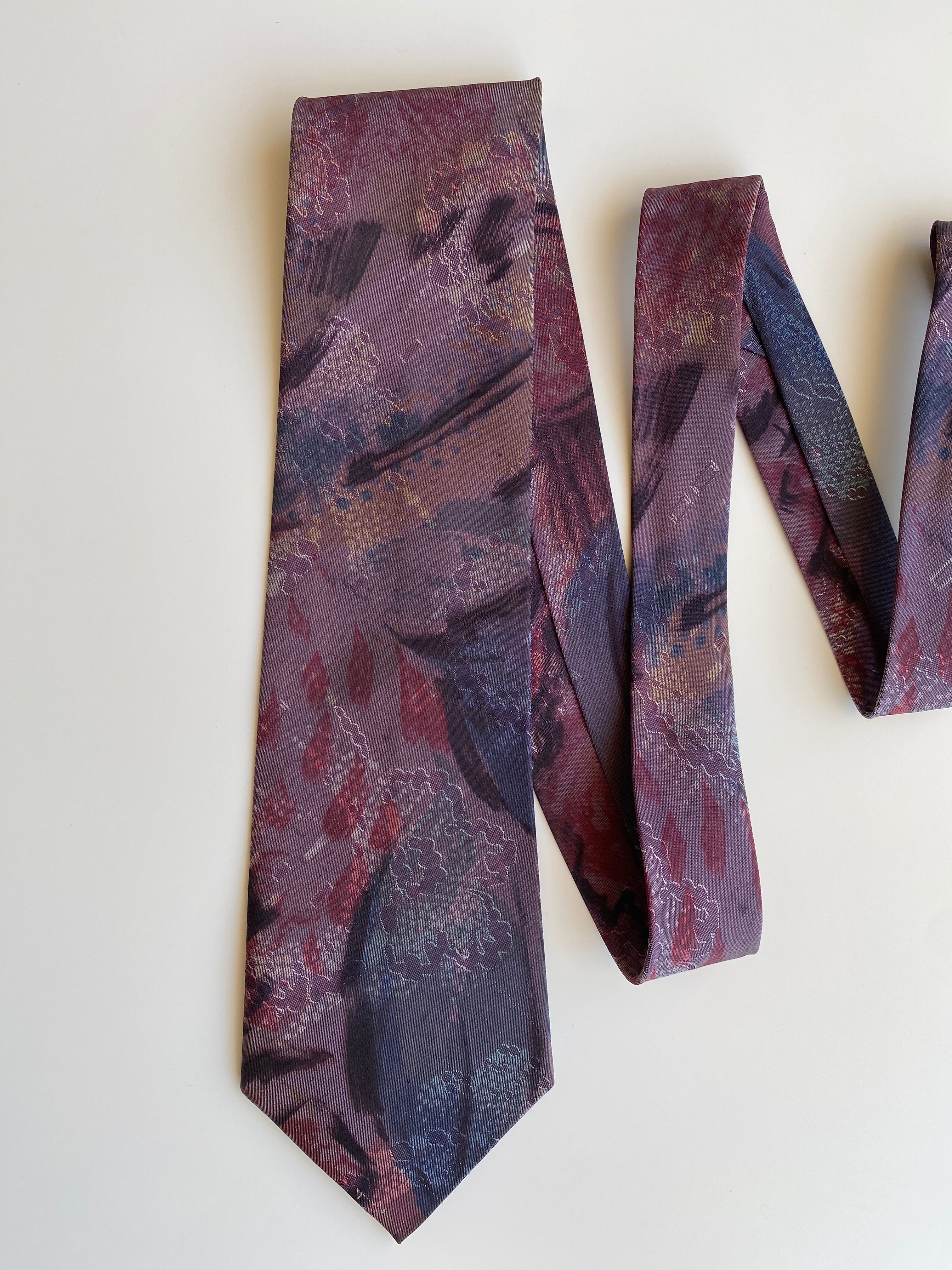 Vintage 1990s Purple Burgundy Tie Abstract Floral Polyester Necktie