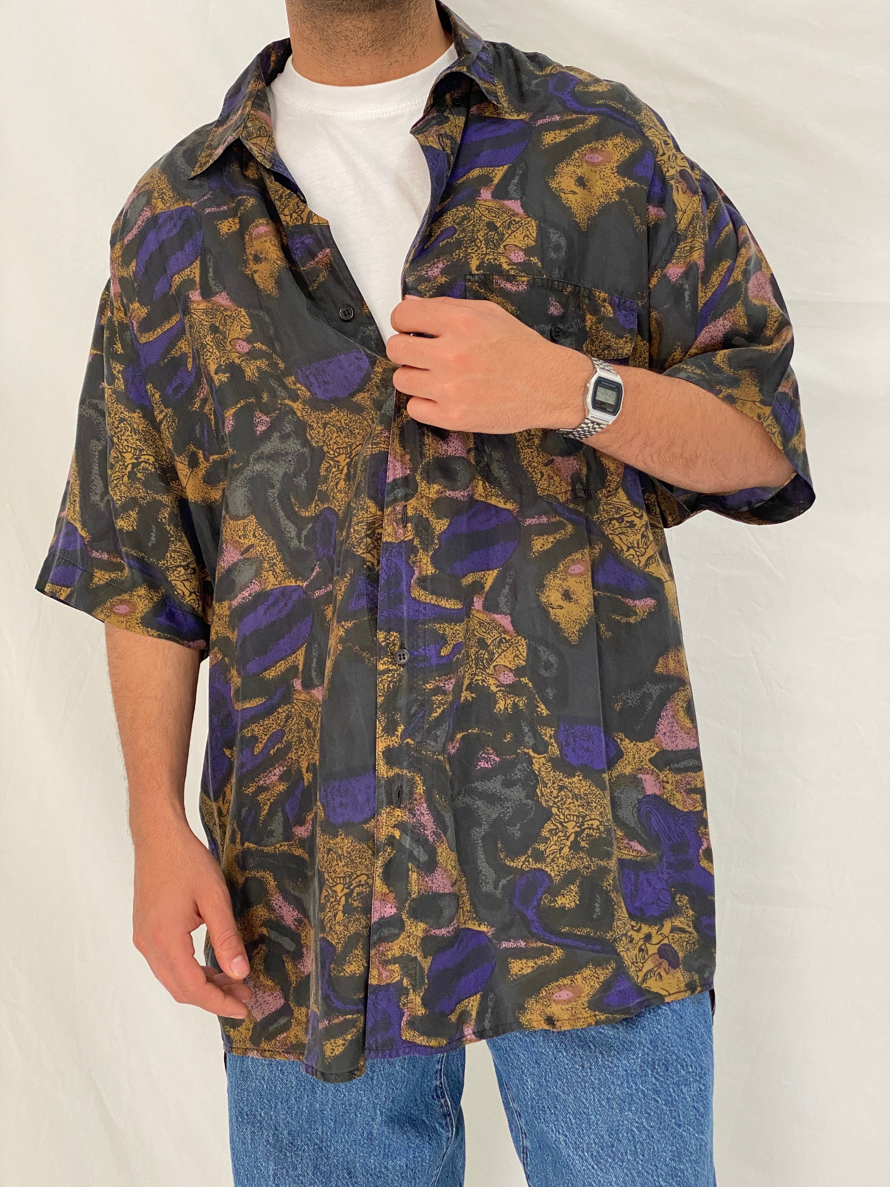 Vintage 90s Silks Stone Original Abstract Print Silk Black Purple Shirt – XL