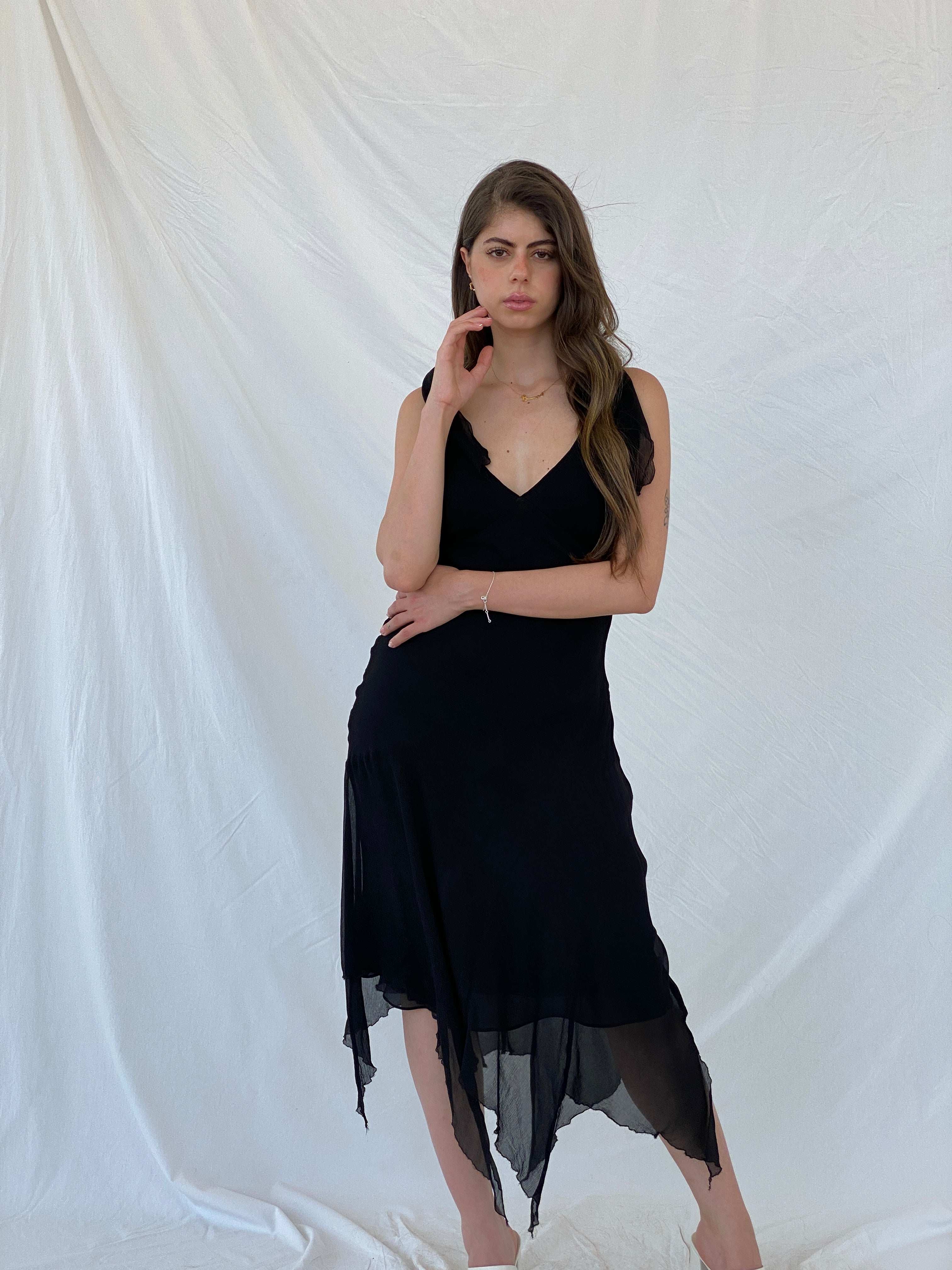 Nicole Miller Asymmetric Midi Black Layered Silk Dress - M - Balagan Vintage Midi Dress 00s, 90s, midi dress, Mira, NEW IN, Wedding Guest