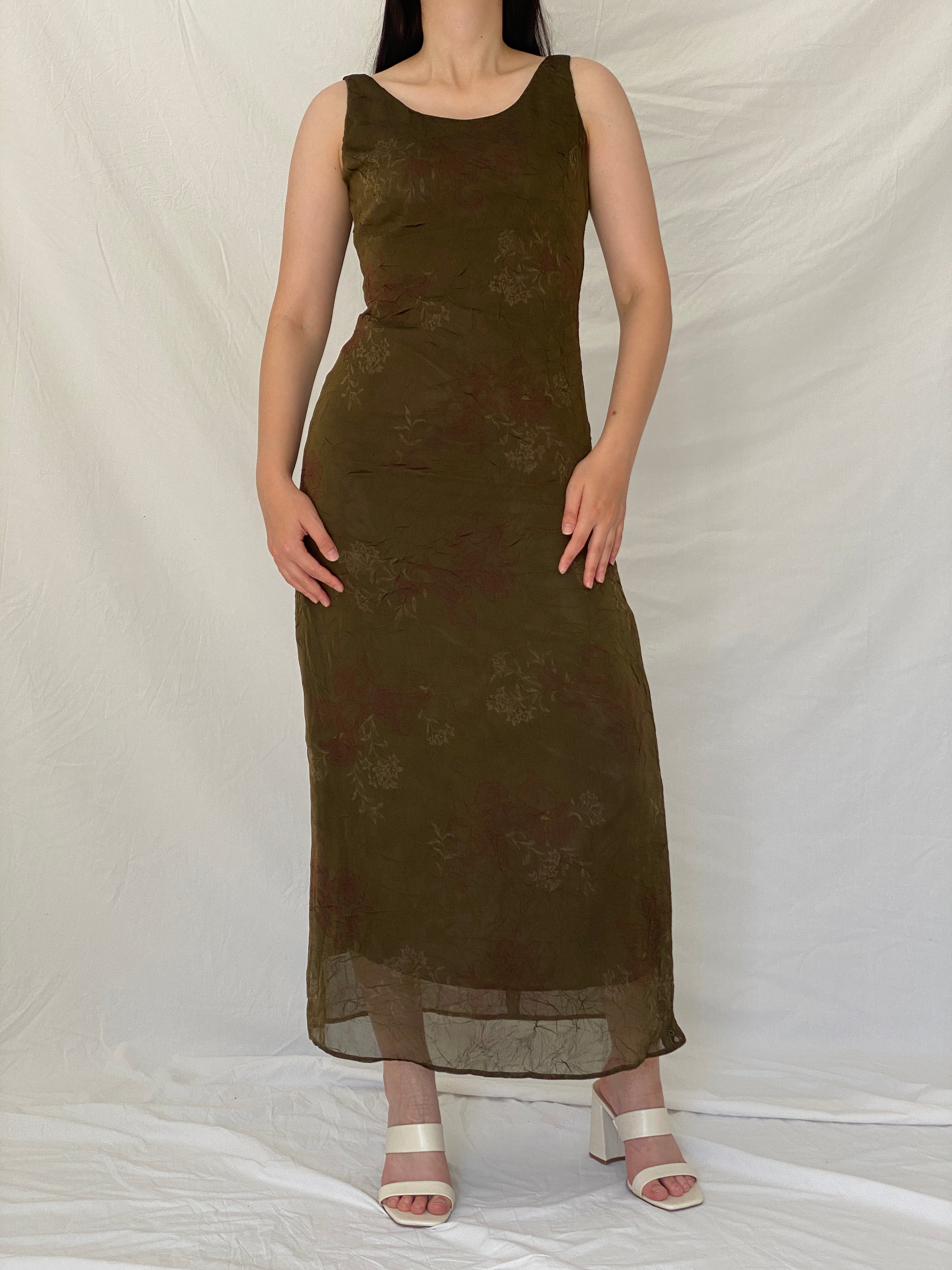 Vintage Y2K Jones Wear Olive Floral Crinkle Maxi Dress - S