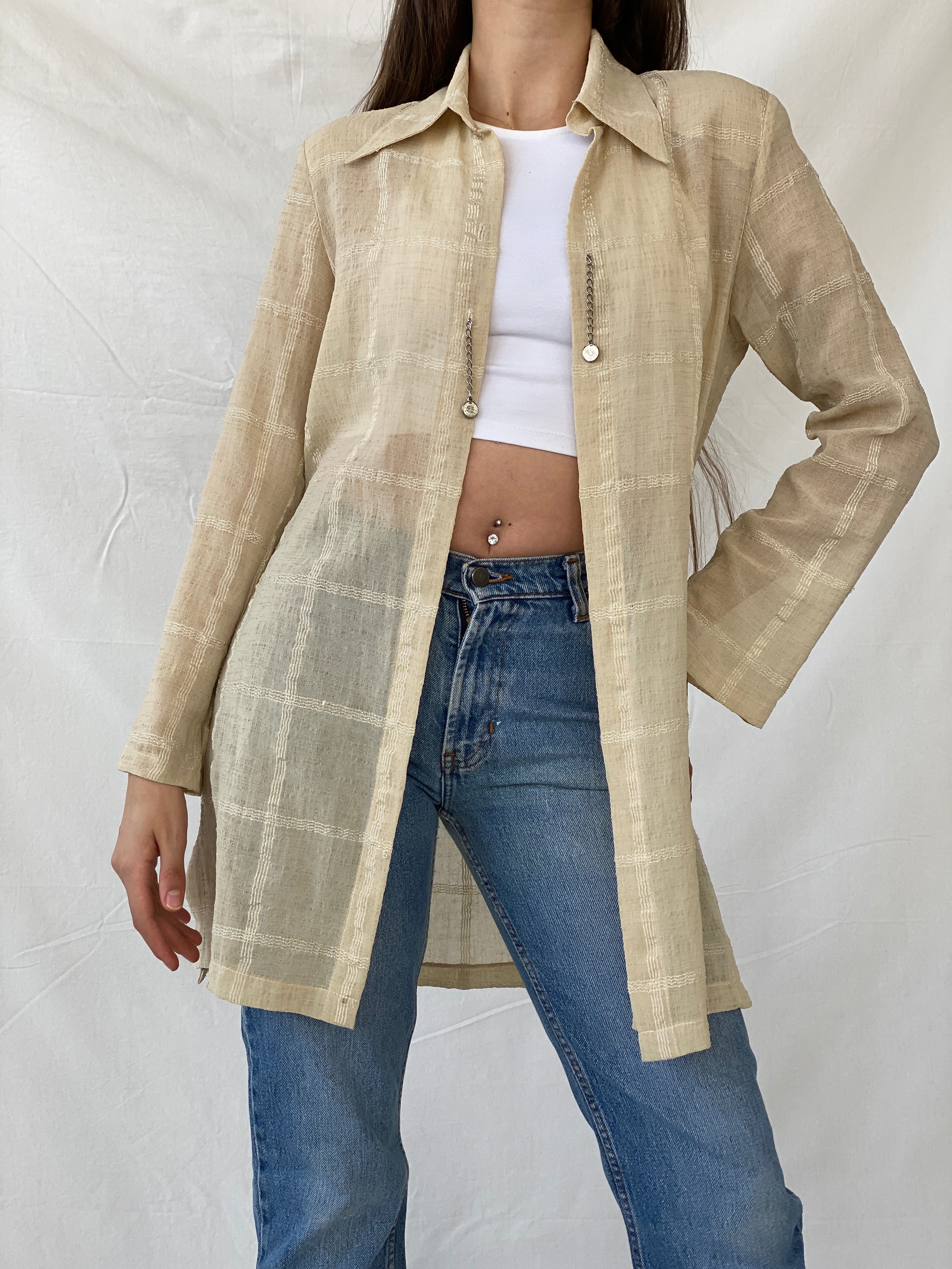 Y2K Selent Sheer Checkered Beige Cardigan - M