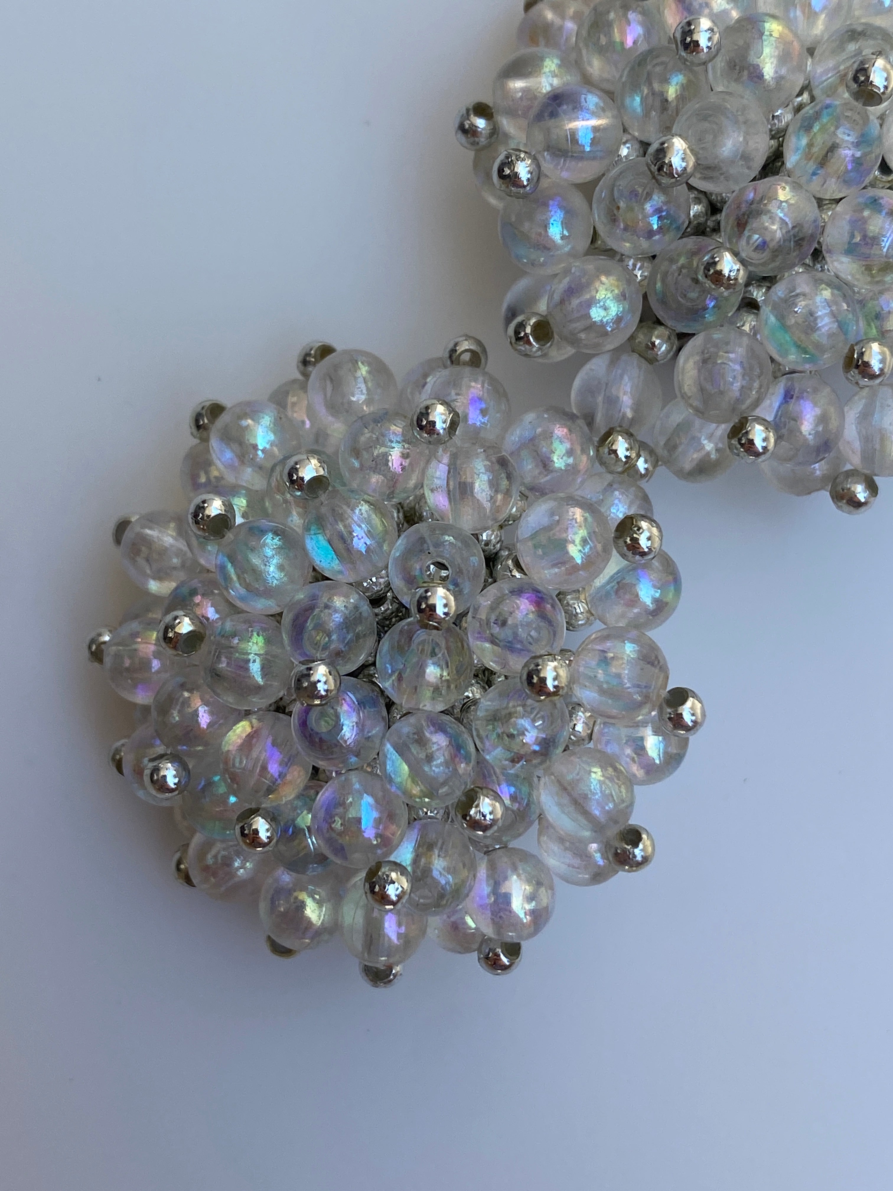Vintage 1980s Iridescent Beaded Cluster Clip-On Silver Tone Earrings