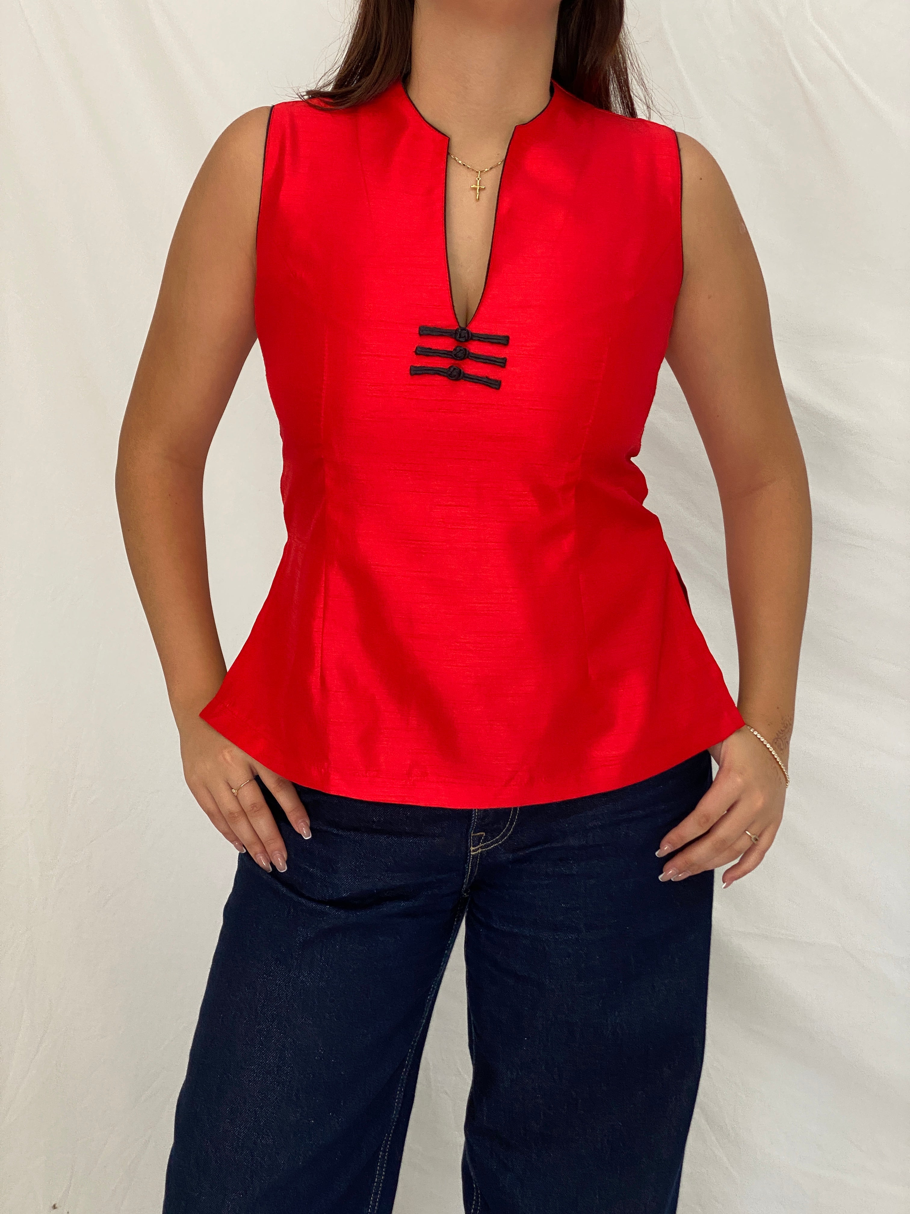 Vintage Handmade Japanese-Inspired Red Shantung Sleeveless Top – L